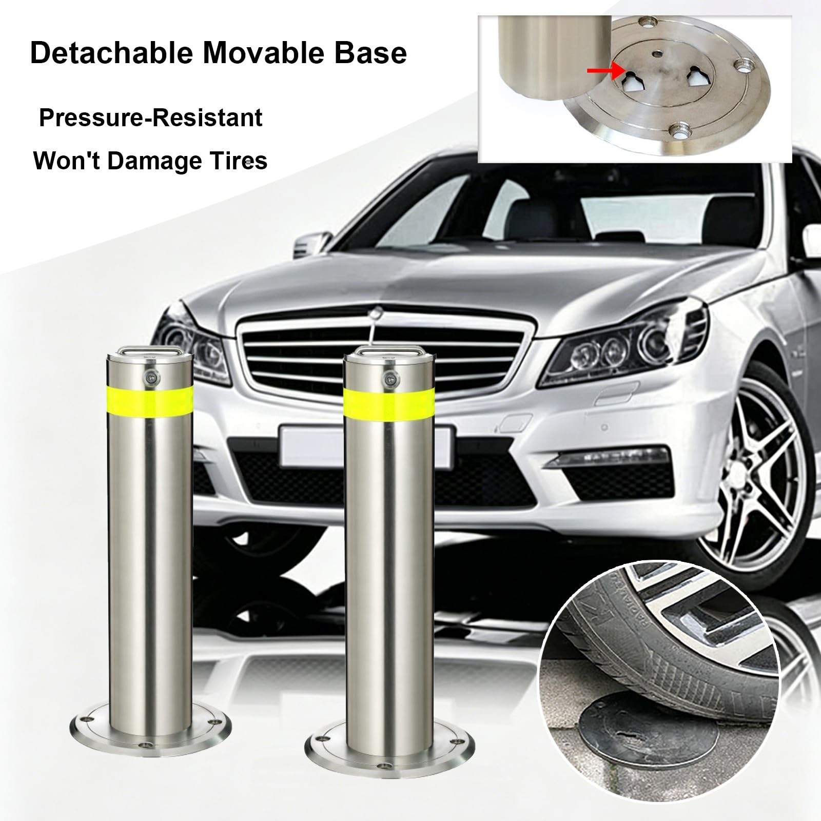 Sicherheits-Absperrpoller Aus Edelstahl Mit Reflexstreifen, Robuste Parkplatzsperre, Anfahrschutz Mit Abnehmbarem Sockel, Für Parkplätze Und Gehwege(Silver-2pc)