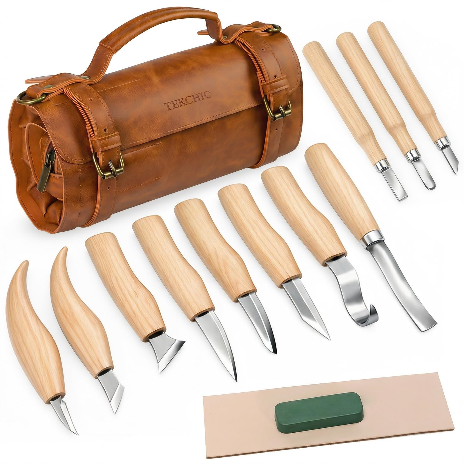 Set di 14 Coltelli per Intaglio del Legno con Astuccio in PU, Kit di Attrezzi Professionale per Intaglio, Adatto per Principianti, Adulti e Appassionati di Artigianato del Legno