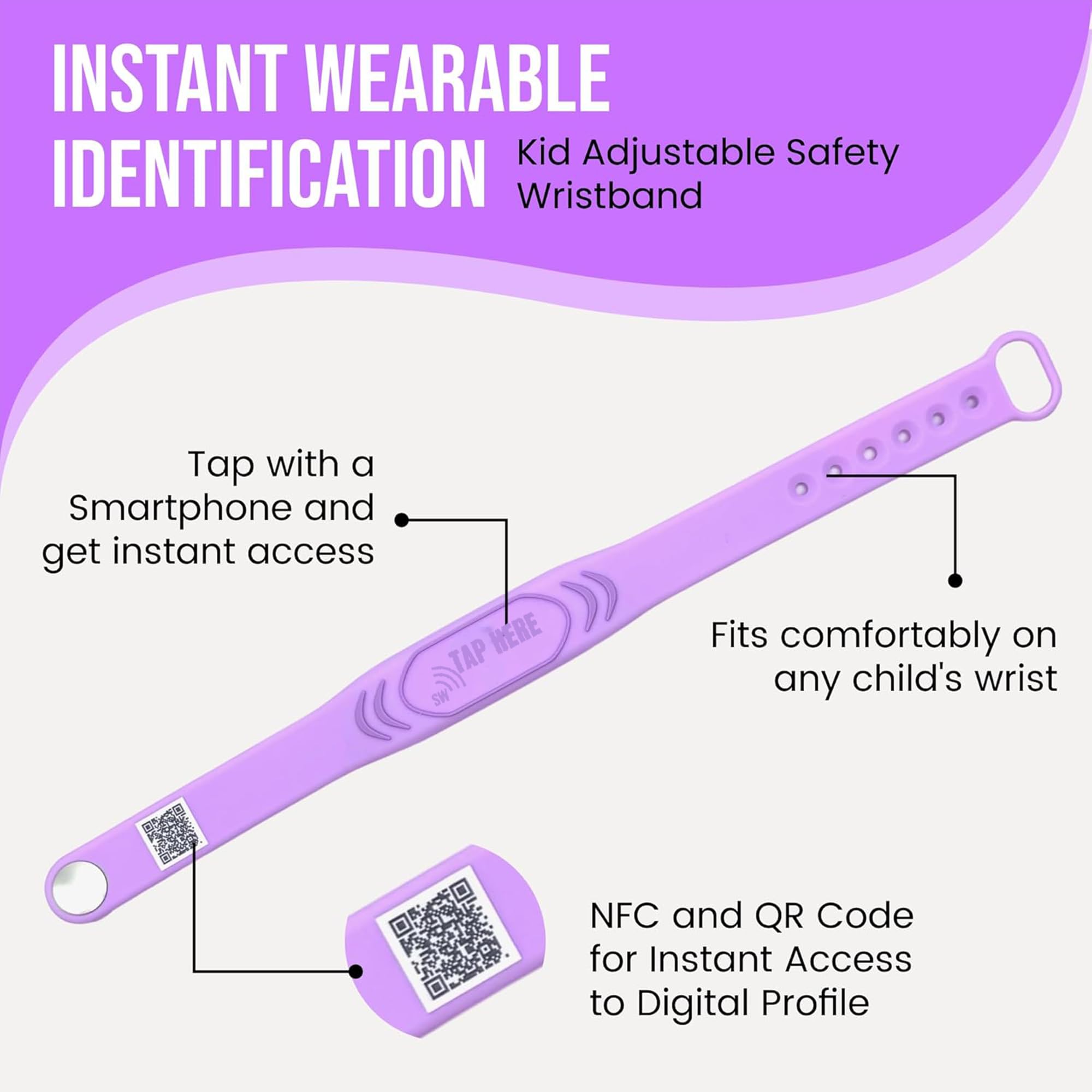 Correa inteligente ajustable para identificación de seguridad infantil: NFC y código QR, pulsera impermeable, perfil digital gratuito, cuztomizable, no necesita suscripciones. Viajes,
