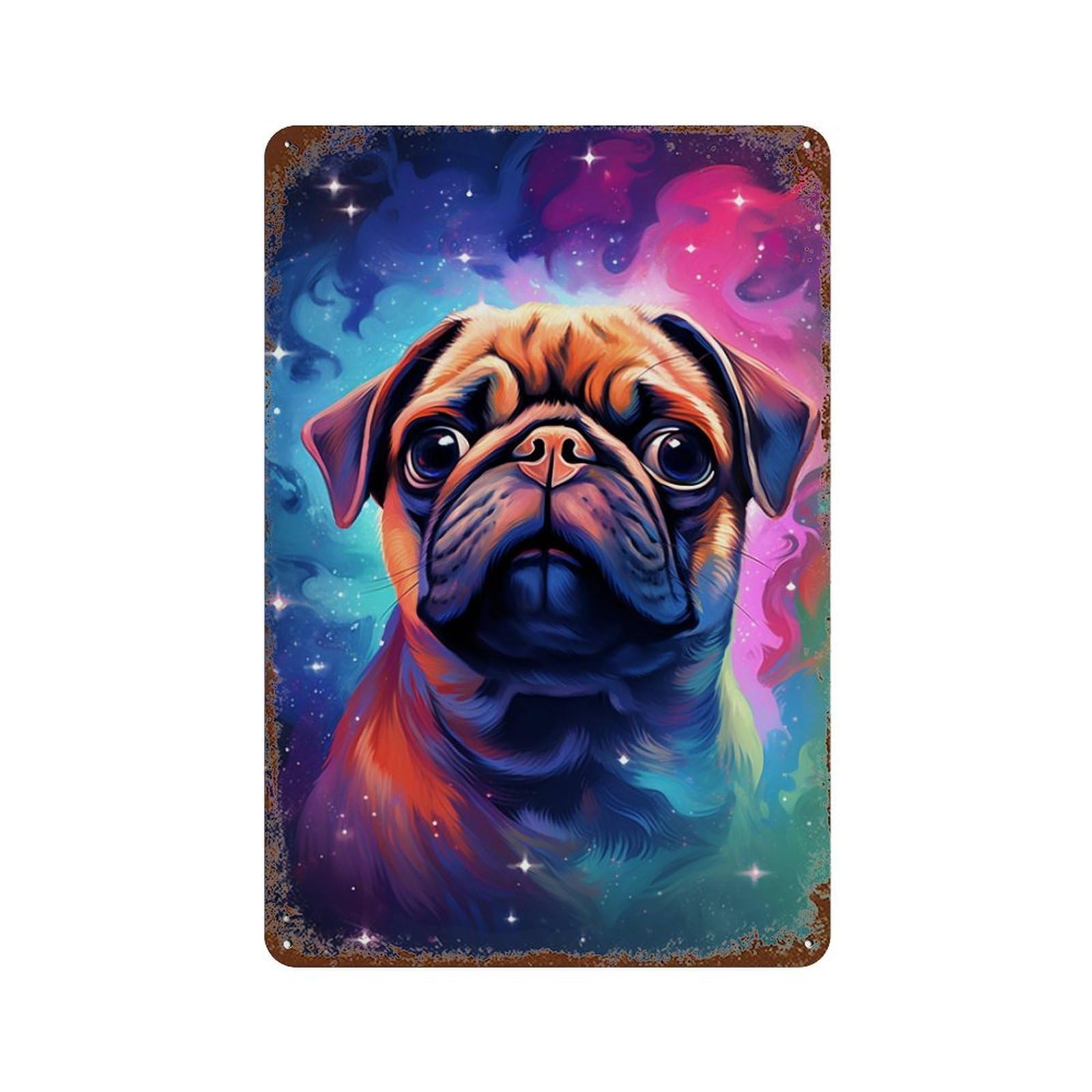 Retro Metal Sign with Cosmic Pug Portrait-1 Design 11.8"x7.9", for Shed, Workshop And Garage Wall Decor, Old School Wall Decor