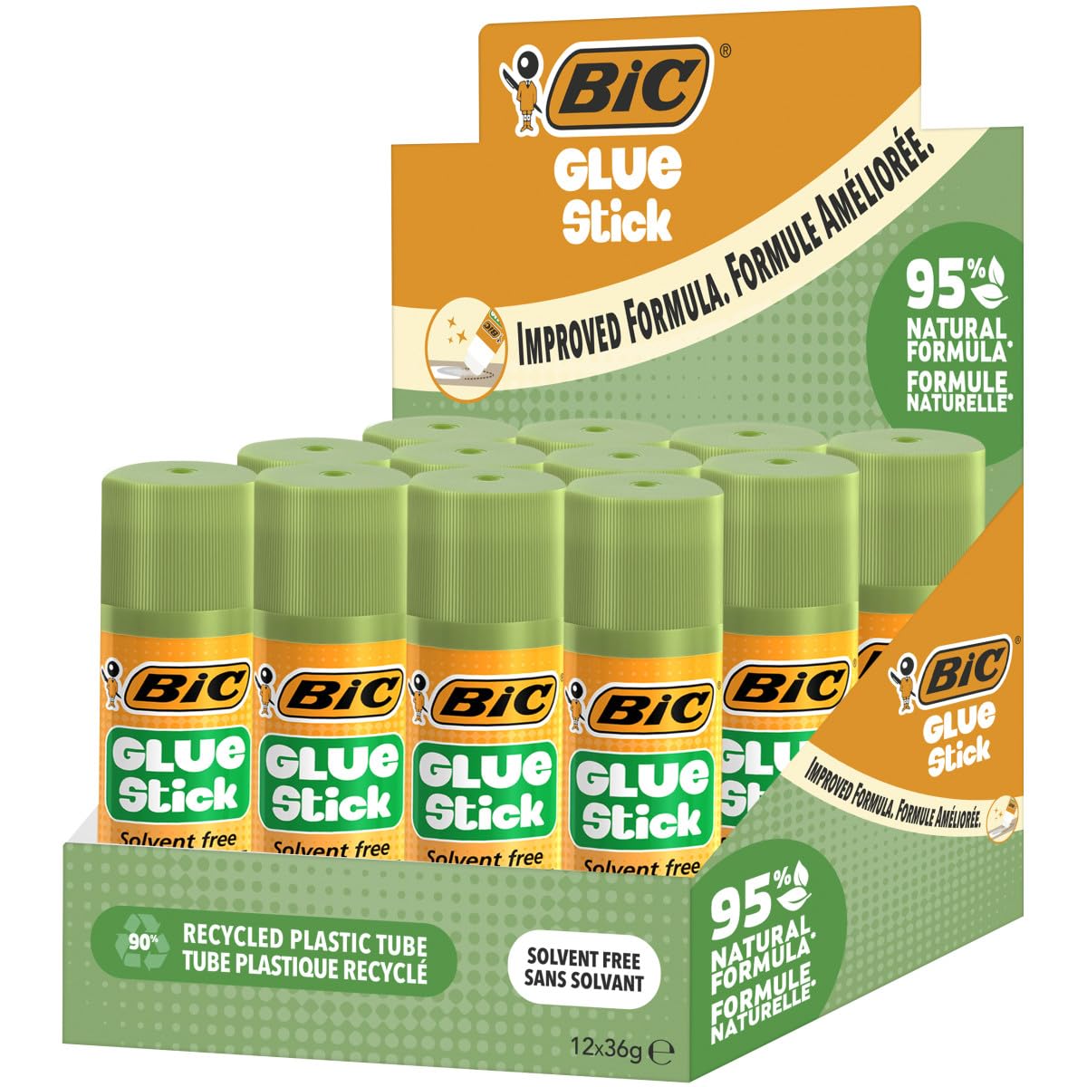 BIC Glue Sticks 36g 95% Natural Ingredient Formula in Rotating Tube for Crafts - Box of 12