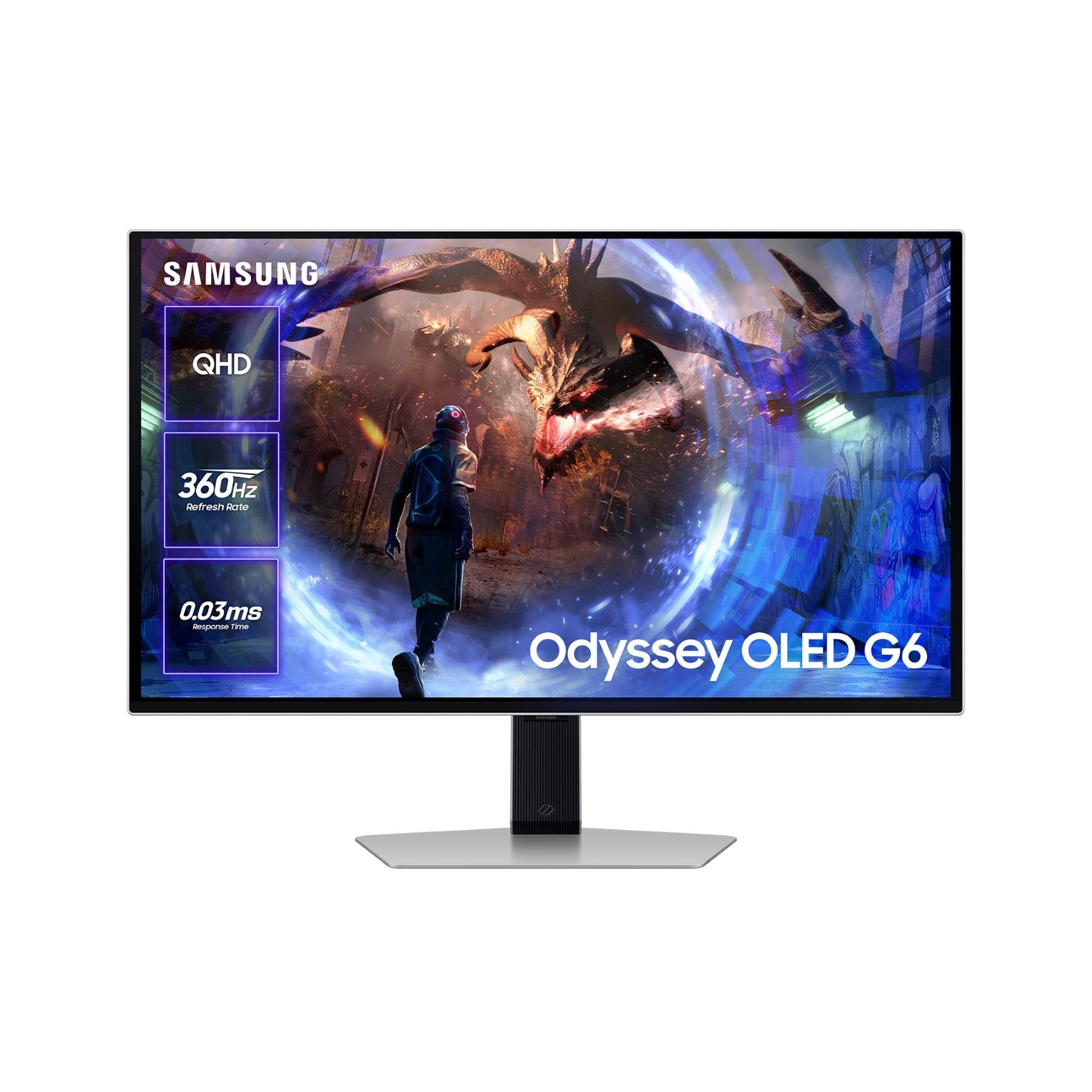 Samsung 27" Monitor Odyssey OLED G6 QHD 2560 x 1440, 16:9, 360Hz, 0,03ms, Burn-in Safeguard, FreeSync Premium Pro, Antirreflejos, Modo Eye Saver, Flicker Free, Plateado, LS27DG602SUXEN, 2024