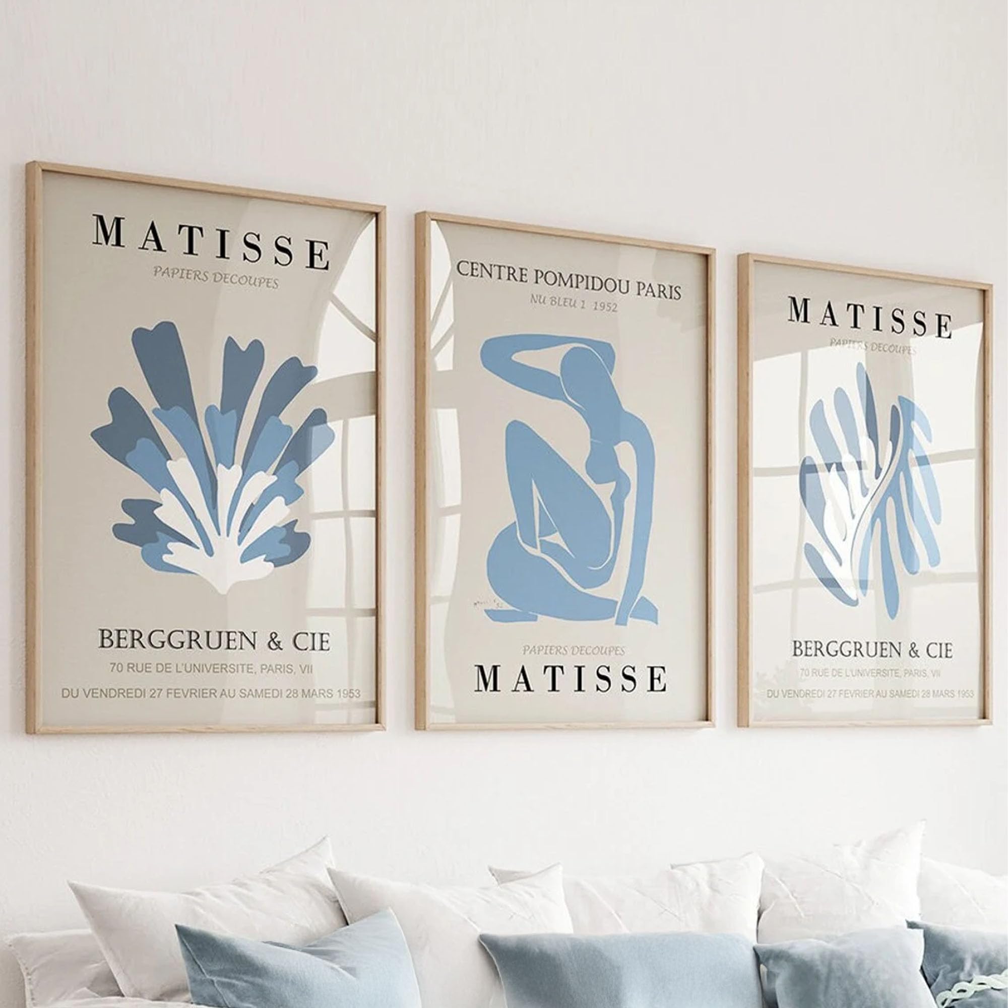 CozyPrints Henri Matisse Exhibition Wall Art Prints, Set of 3 Blue Abstract Designs, Vintage Style Gallery Posters, Print Only (A4-21.0 x 29.7cm)