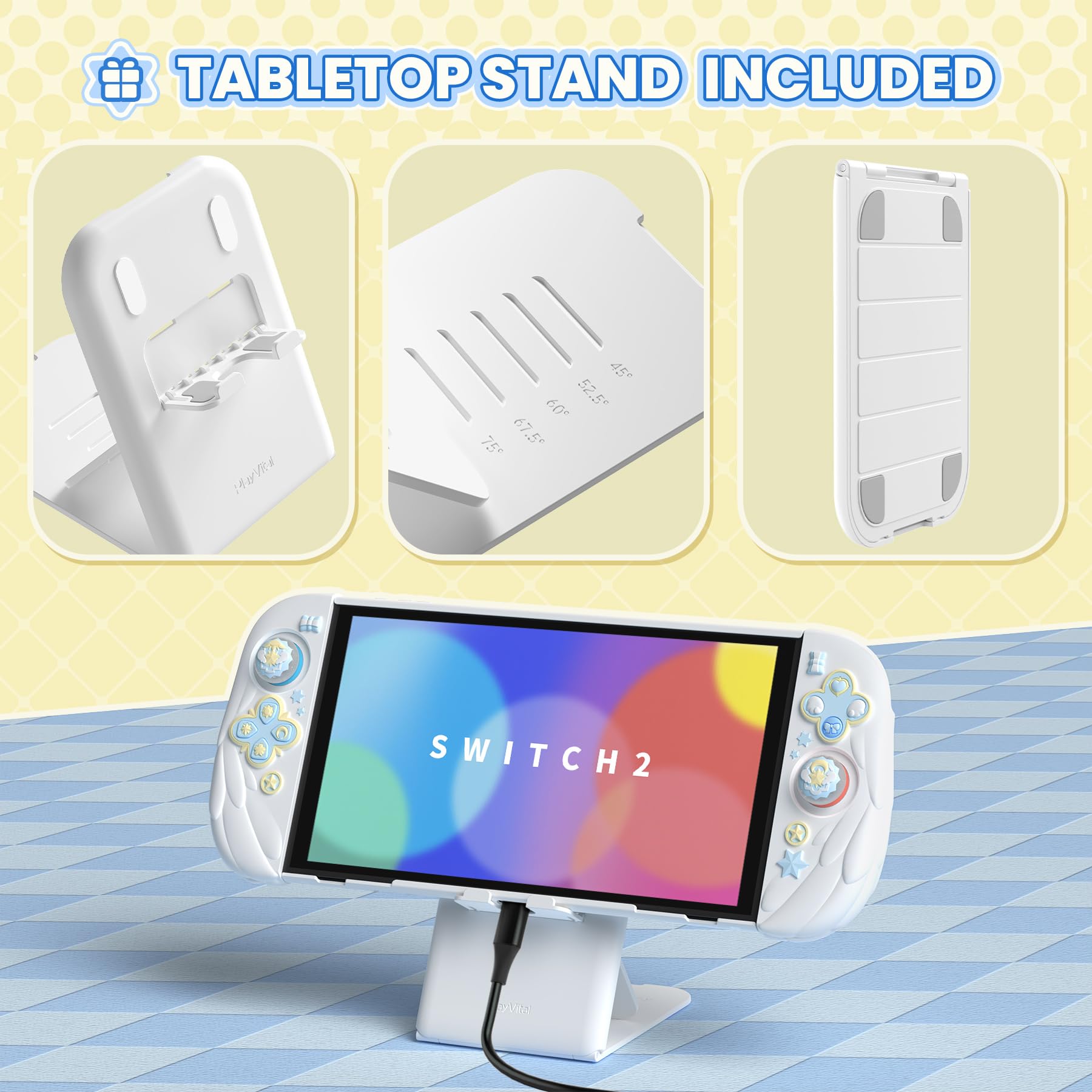 PlayVital Cover Silicone per Joycon 2, Custodia Protettiva Dockable Rigida per Nintendo Switch 2 Console&Supporto Regolabile Extra&Copri Analogici Carini, Anime Ali Magiche-Bianco