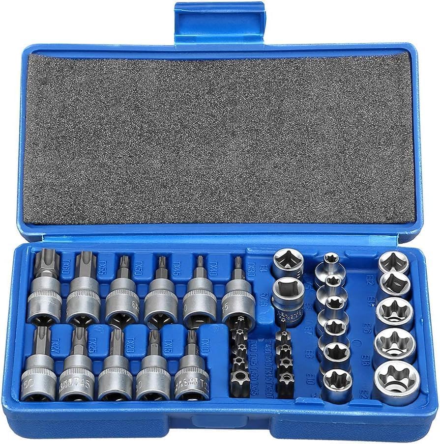 HELLARO Drive Male Female Torx Star Bit Socket E-Socket Set Handheld Tool - 34 Pcs, Star Socket Set For Hand Use Work On Cars, Trucks, Machinery, and Other Jobs With Storage Case, Blue