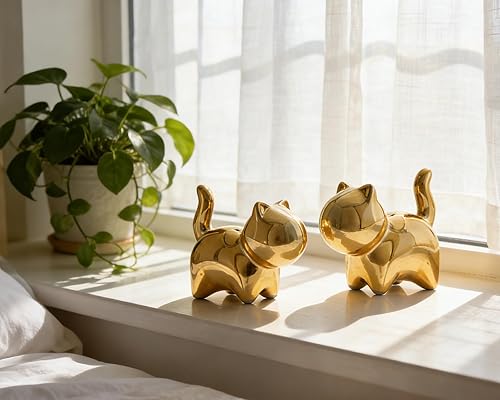 Miniatura 7 de Estatua pequeña de gato 2 unidades de 3 pulgadas con acento dorado brillante lindo regalo de gatito, para hogar, oficina, estante de escritorio,