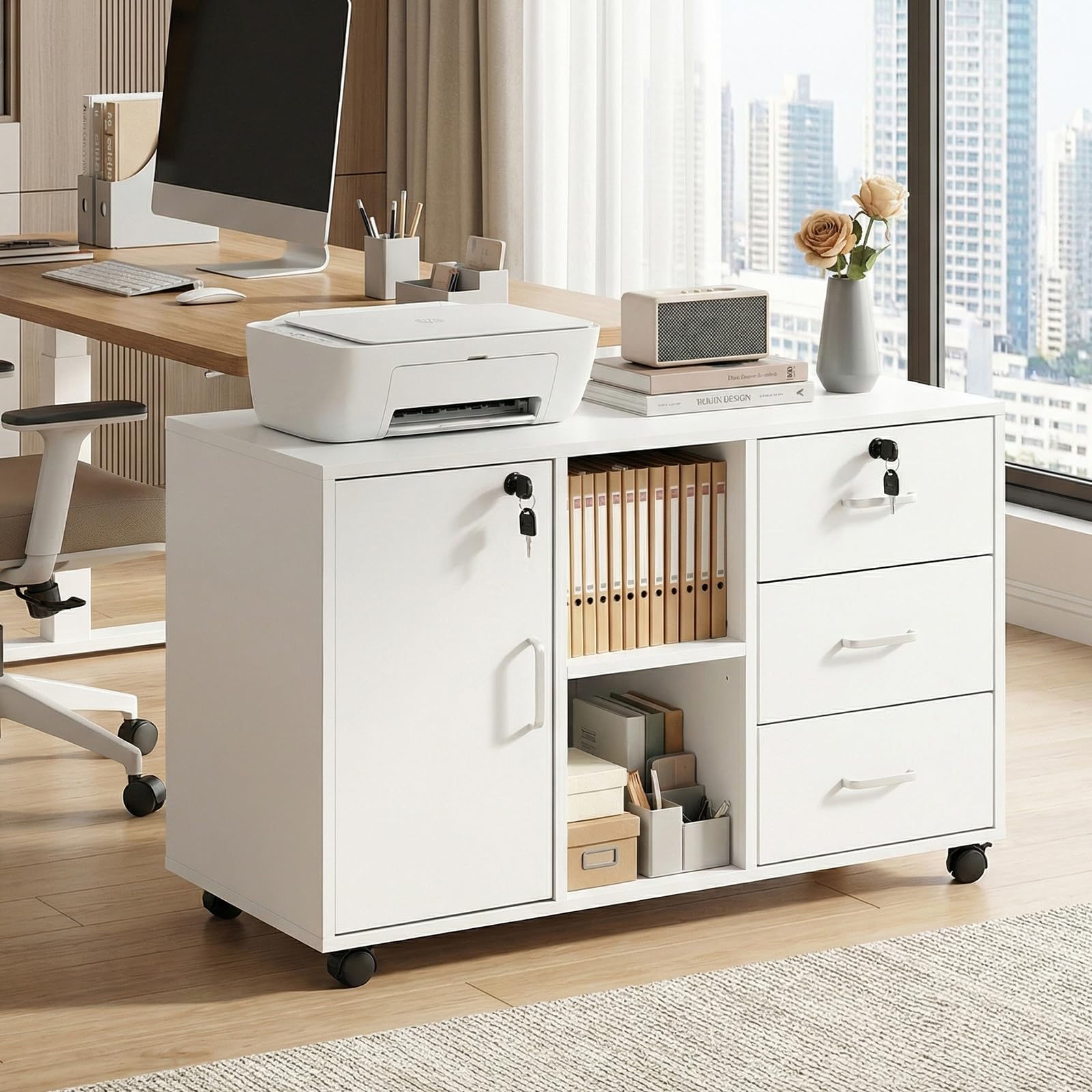 Caisson de Rangement, Meuble Bureau à 4 roulettes, 3 Tiroirs, 2 Compartiments Ouverts à Étagères Réglables,Verrouillable Armoire sous Bureau pour Papier Administratif, Imprimante,Salon,Blanc