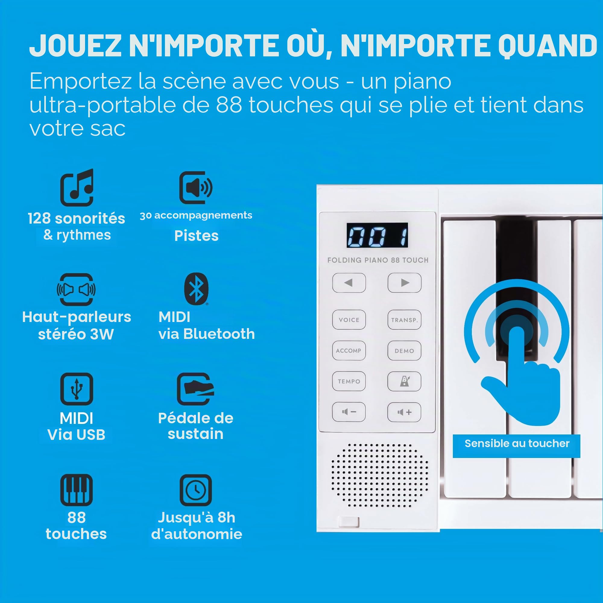 Blackstar BA215010 Carry-on FP-88 Touch Touch 88 Touches Tactile Blanc Portable Pliable Piano Numérique Contrôleur MIDI USB avec Batterie Rechargeable
