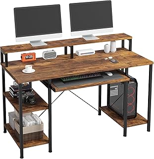 MUTUN 47" Computer Desk, Office Desk, Home Office with Shelves, Gaming Desk with Keyboard Tray, Study Table with Monitor Stand, Vintage Brown