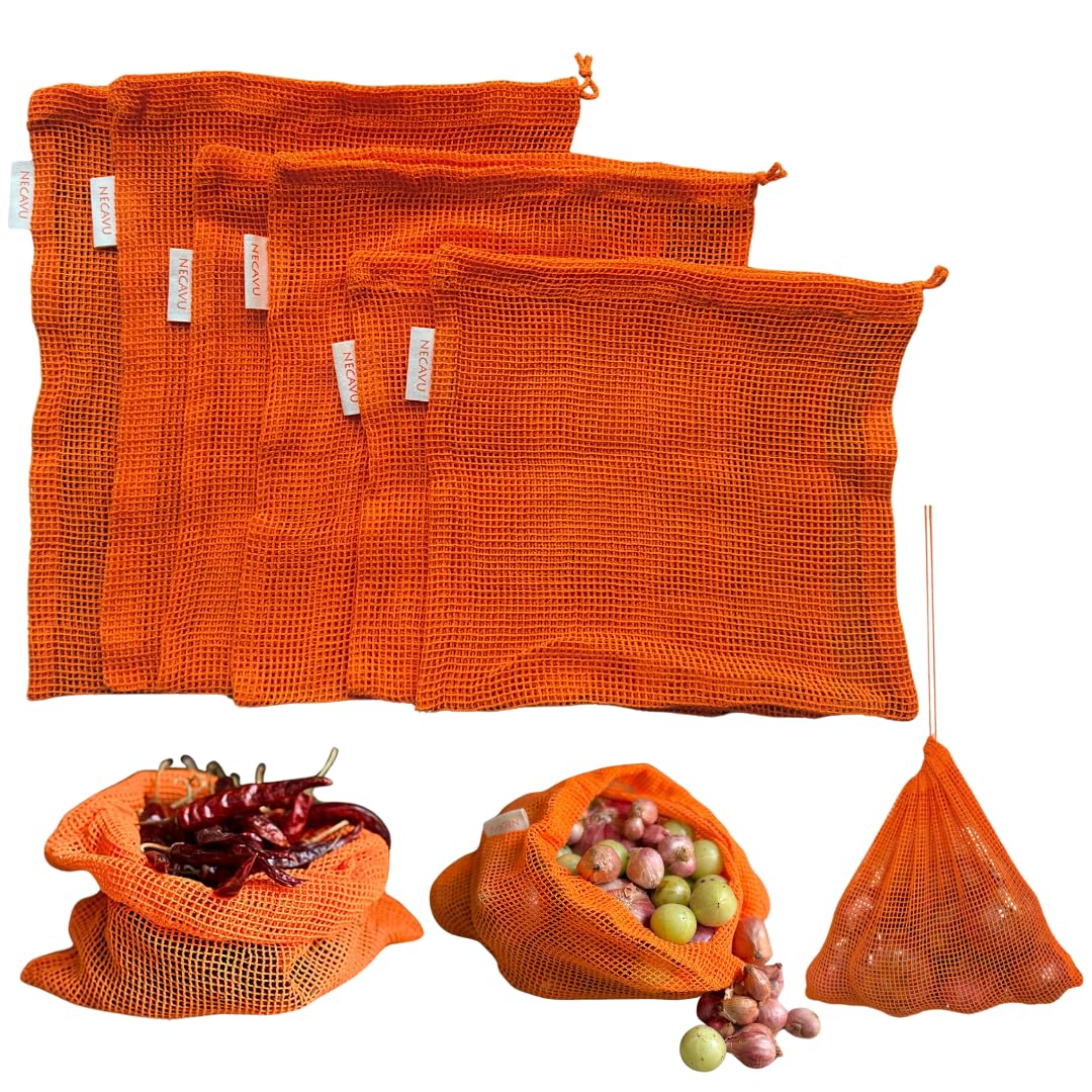 NECAVU 100% Cotton Set of 6 Fridge Drawstring Bags | Eco-Friendly Natural Vegetables Storage Mesh Net for Fridge | Multi-Purpose Cotton Mesh Bag (Pumpkin Orange)