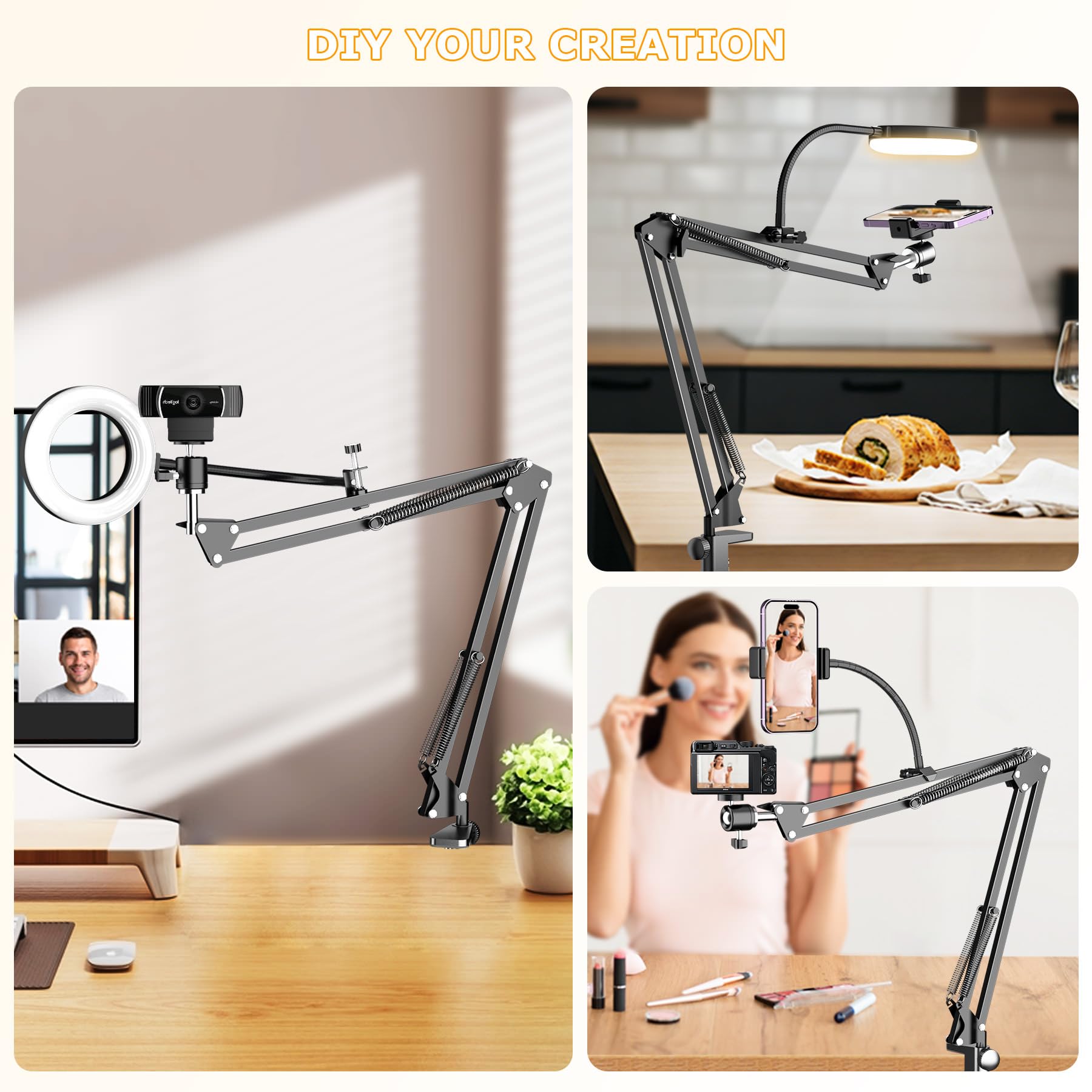Overhead Camera Mount with Ring Light, Flexible Articulating Phone Arm Stand Compatible with iPhone, Logitech Webcam, Desk Tripod for YouTube Live Stream Cooking Nail Video Recording — Amazon image 2