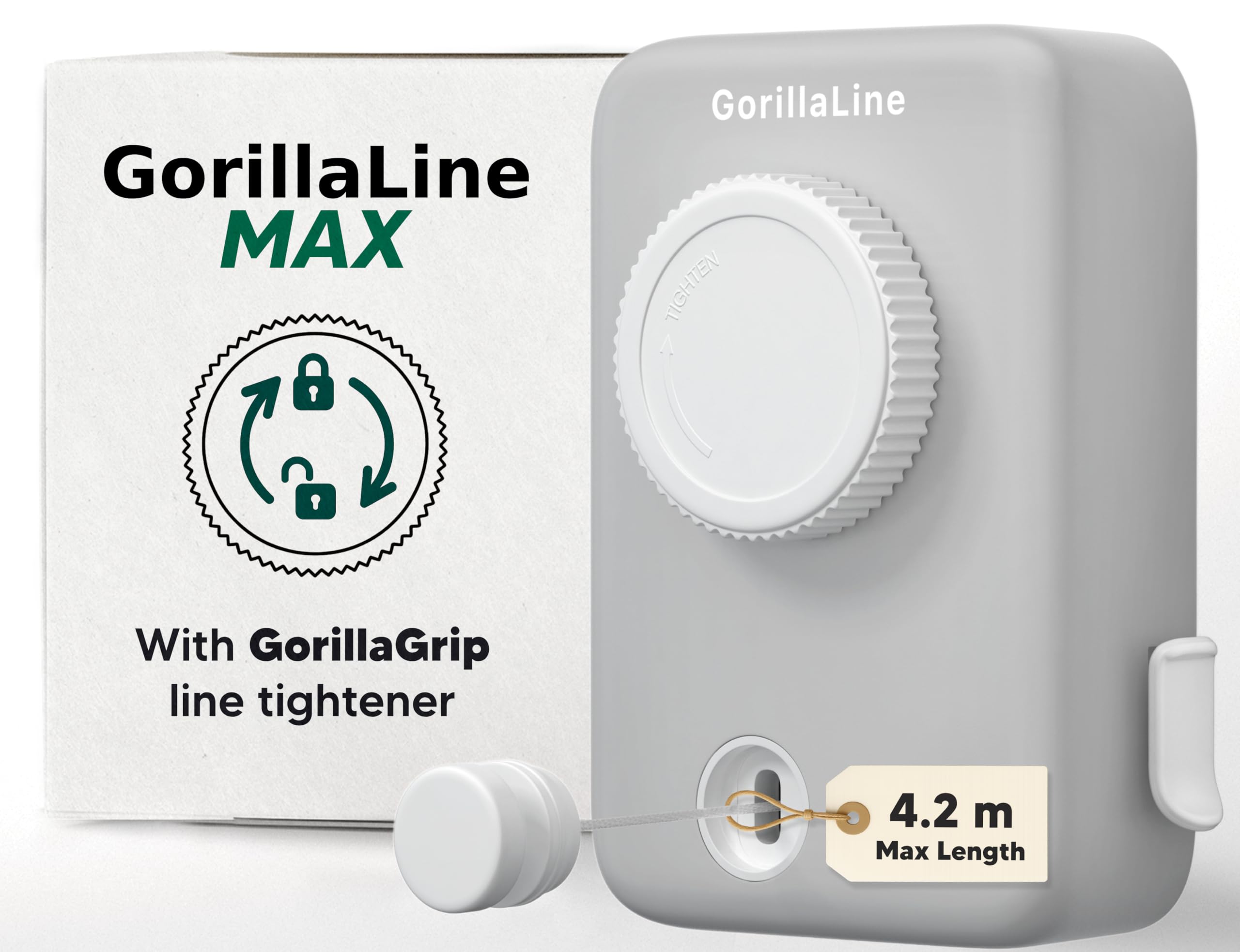 GorillaLine Max - Retractable Washing Line - Clothes Lines for Outside - Extendable Washing Line Rope 4.2m - Indoor and Outdoor Clothes Line - Max Tighten with GorillaGrip