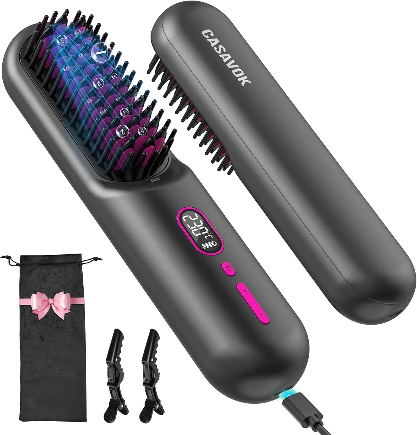 cordless hair straightener brush go brush pro for short hair, travel hair straightener with 20m negative ions, rechargeable straightening brush, 30s fast heat, 12 temp settings, anti-scald, grey
