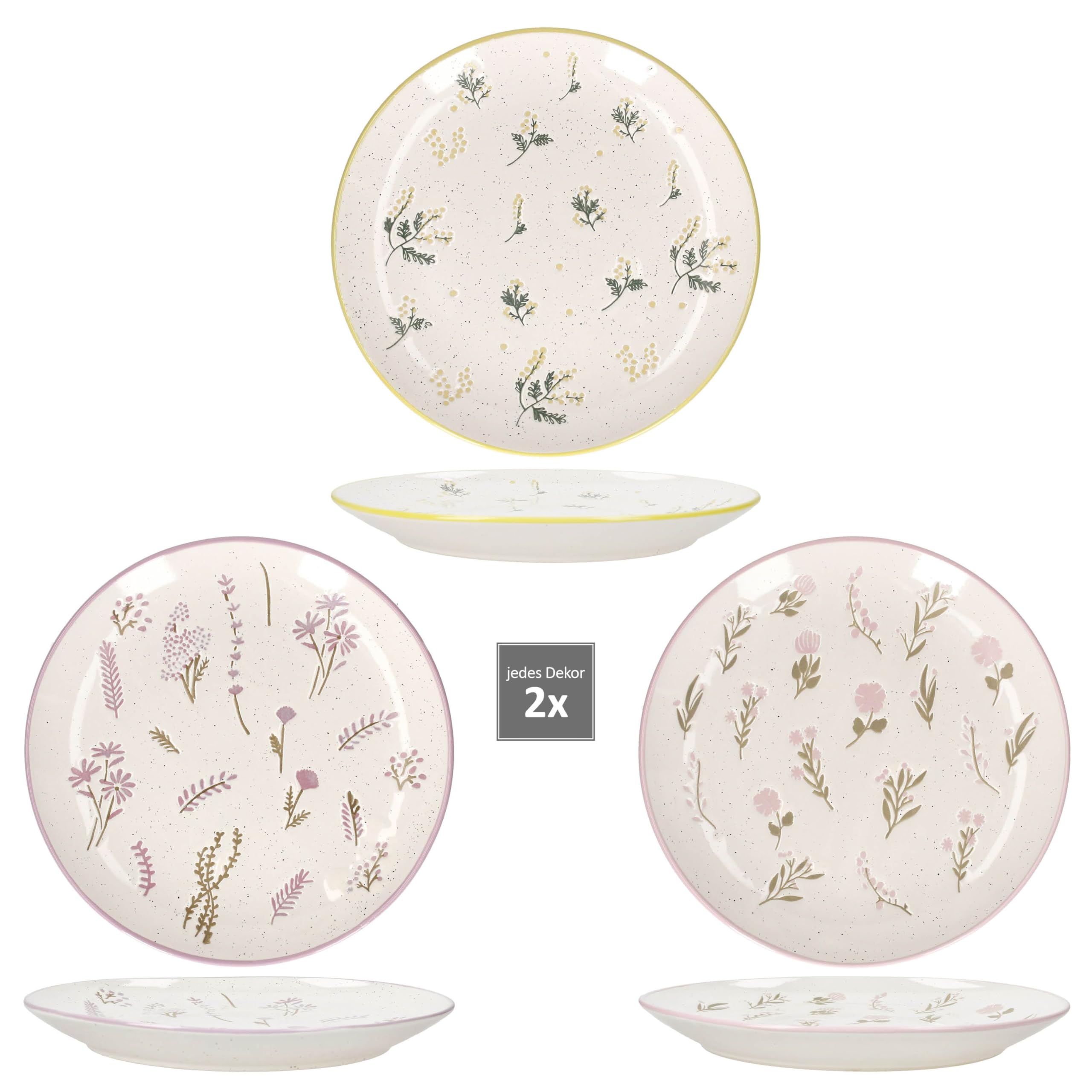 MamboCat 6-częściowy zestaw talerzy do ciasta, Ø 21 cm, ceramiczne, kremowe, z kwiatami i kolorową krawędzią w kolorze żółtym, fioletowym i różowym, kolorowe kwiatowe talerze śniadaniowe, talerze