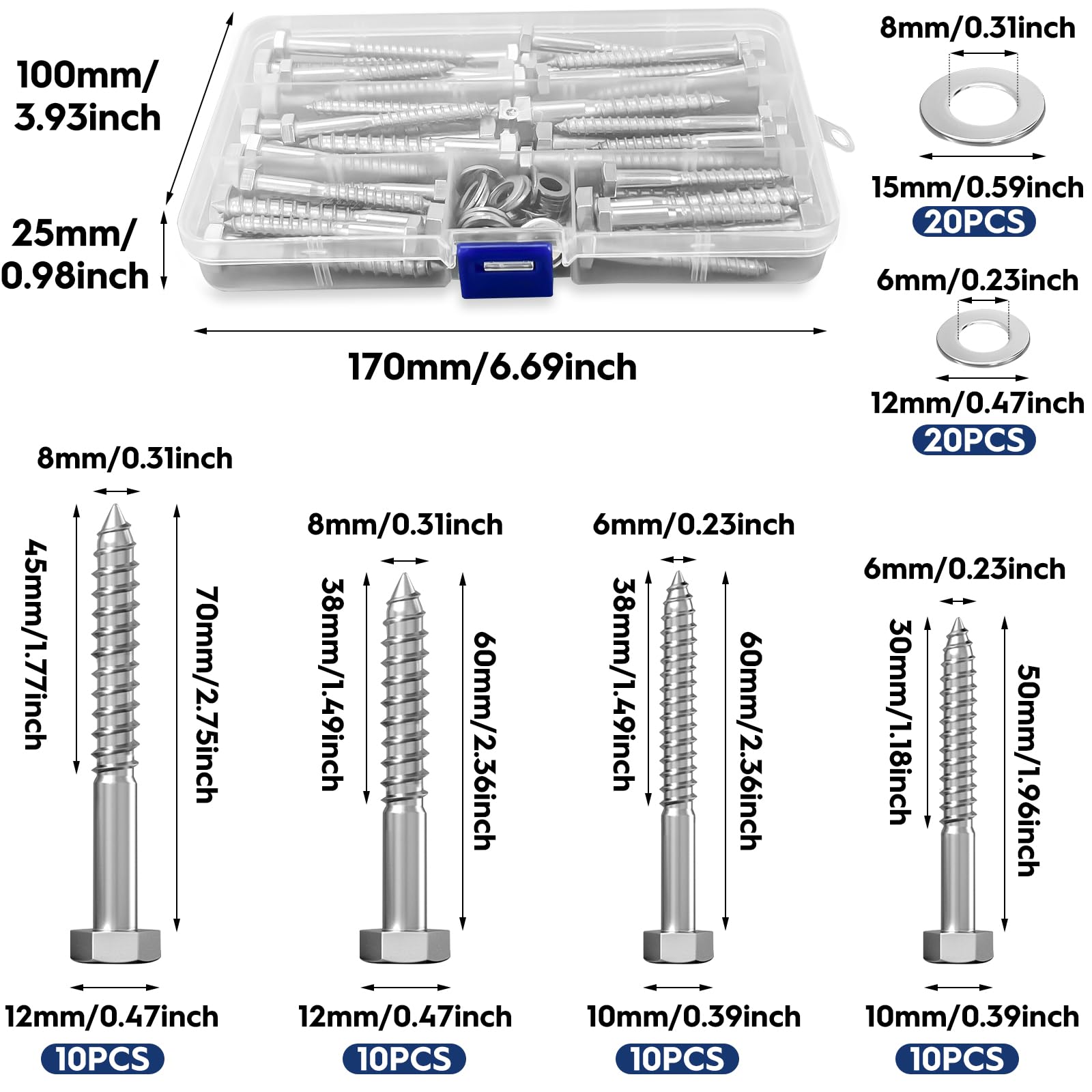 Pack of 40 Hexagon Wood Screws, Hex Screws, Key Screws, Stainless Steel Screws Wood, Galvanised Wood Screws - Image 2