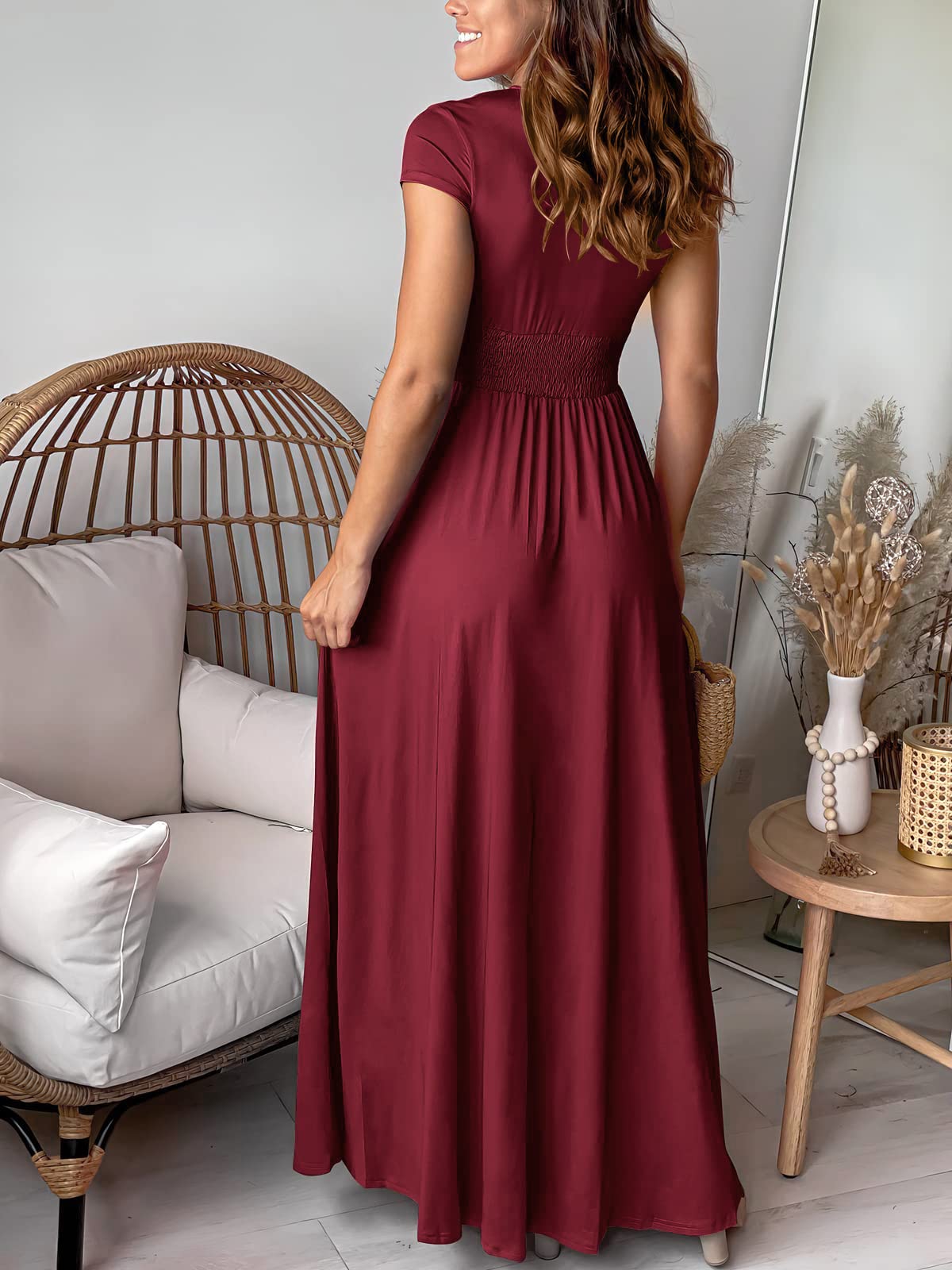 Maxikleider Damen Sommer Kurzarm Strandkleider V-Ausschnitt Kleider Hohem Schlitz Lange Abendkleider Elegant für Hochzeit Cocktailkleid