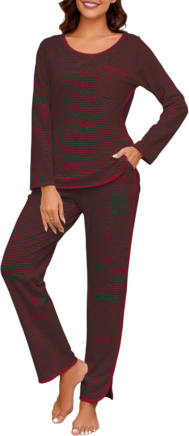 Womens Cotton Pajama Sets Stripe 2 Piece Lounge Set Long Sleeve Comfy Pj Sets Fall Loungewear Sleepwear with Pockets