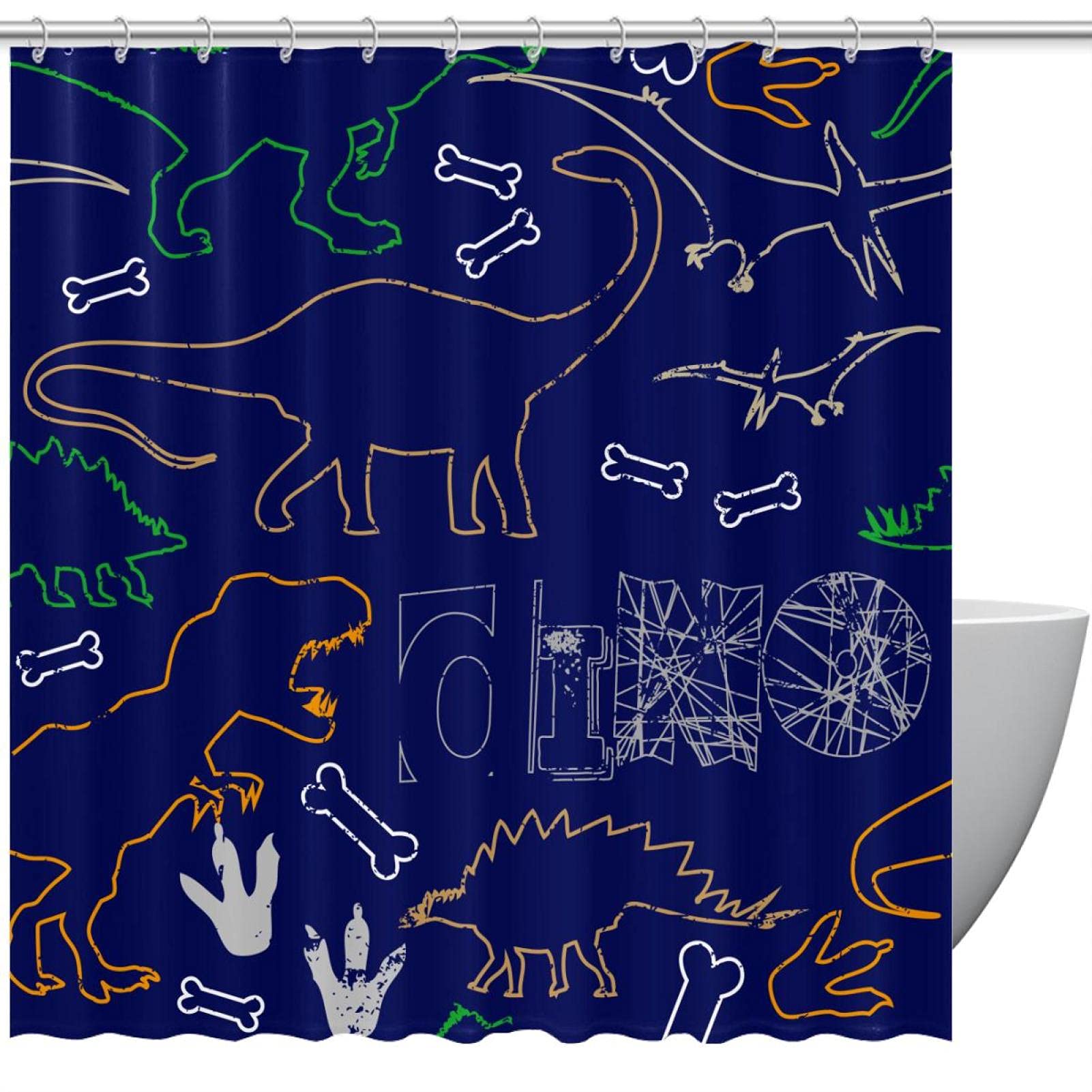 Rideau de douche bleu marine imperméable motif dinosaure 183x183 avec crochets inclus