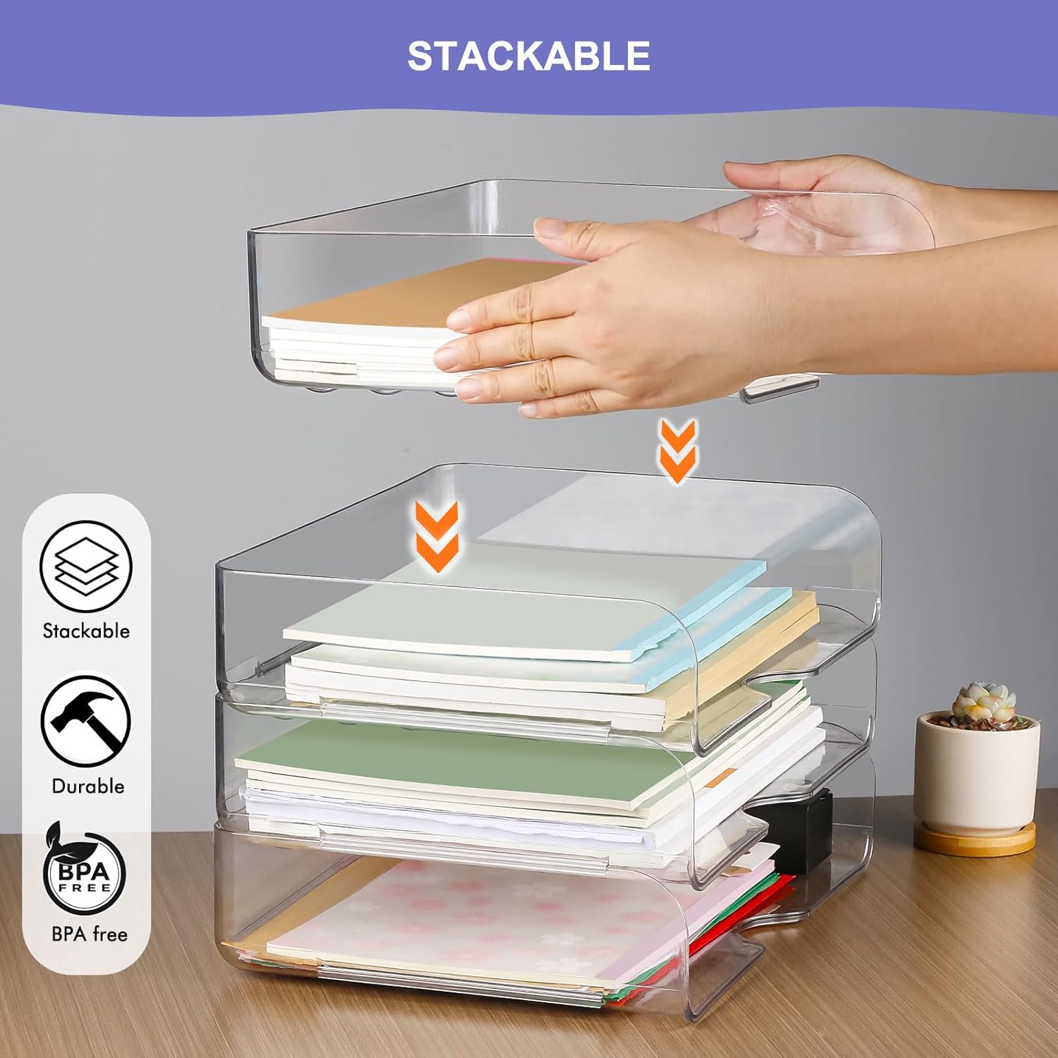 A4 Office Organization And Storage, Clear PET Letter Tray Desk Organizer, Stackable Paper Tray - View #11