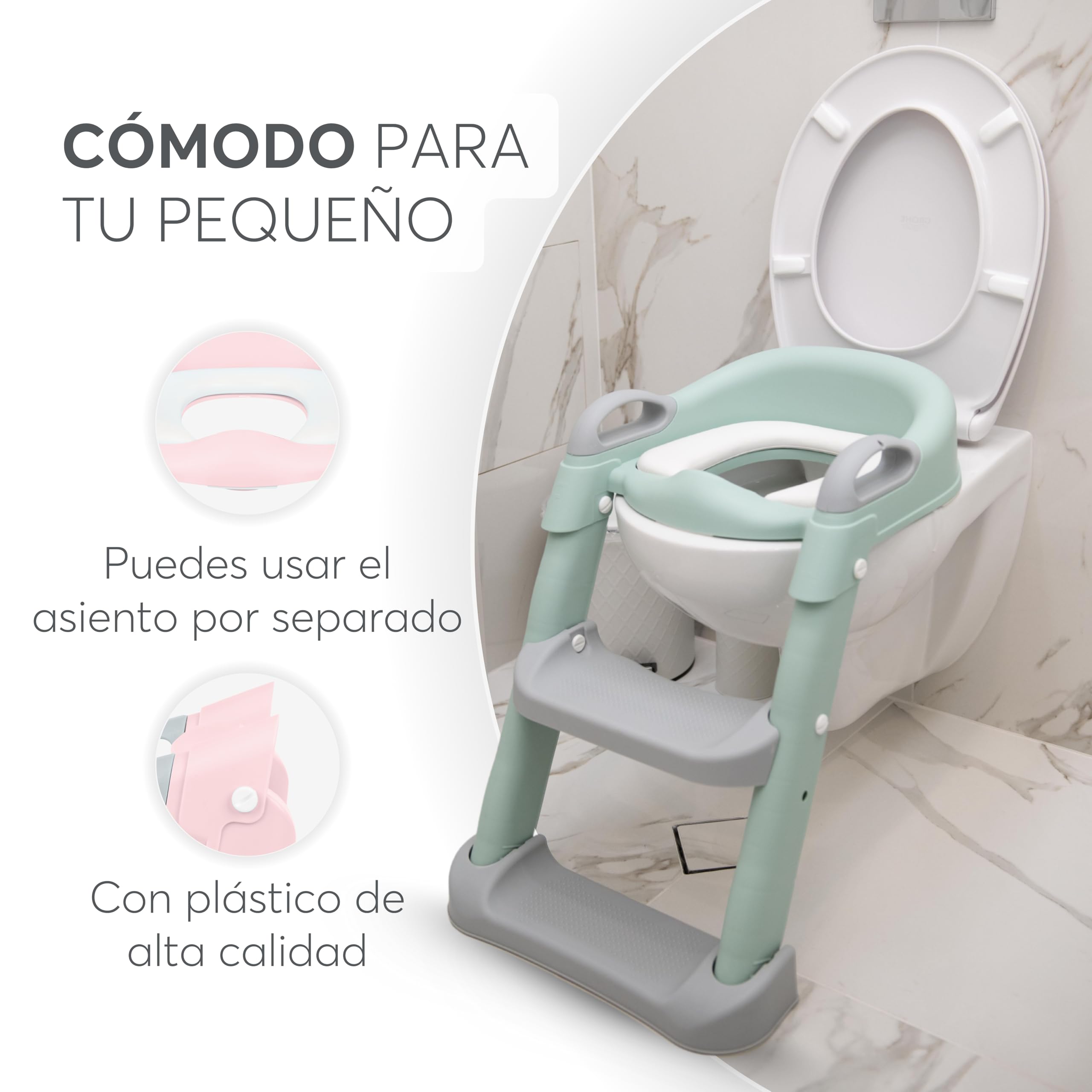 KikkaBoo Adaptador WC Niños y Reductor Sanita Bebé LEA, Plegable y Ajustable, Diseño Anatómico, Acolchado Extraíble y Suave, Antideslizante, con Escalera, 18+ Meses, Rosa