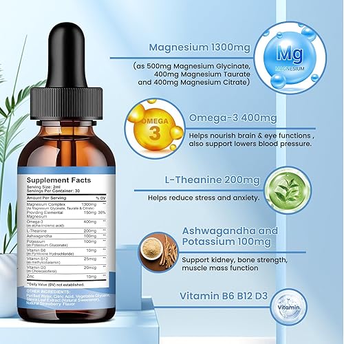 Miniatura 3 de Gotas líquidas de complejo de magnesio triple, 1300 mg de glicinato de magnesio, taurato y citrato con omega3, L-teanina, ashwagandha, potasio, D3,
