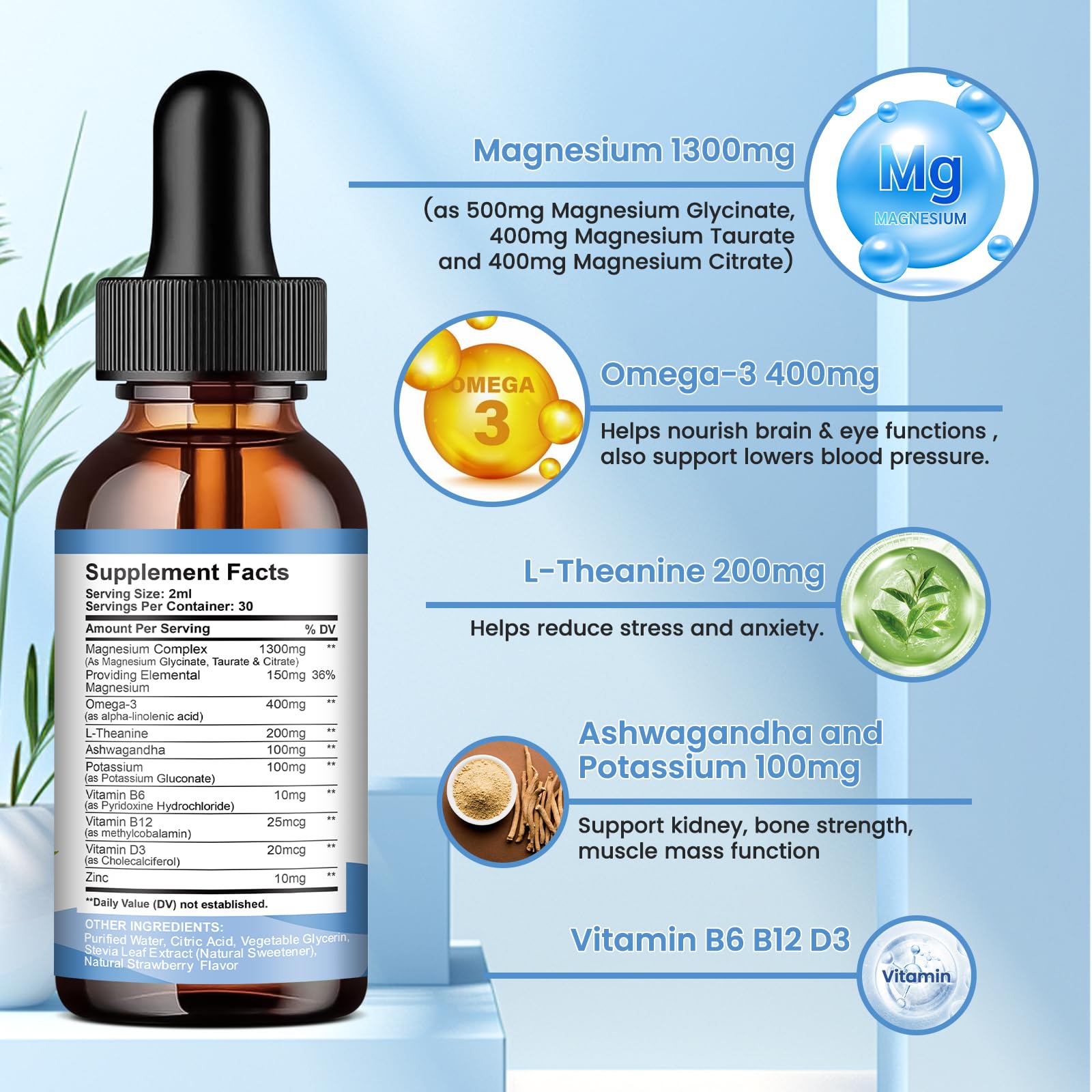 Triple Magnesium Complex Liquid Drops, 1300mg Magnesium Glycinate, Taurate & Citrate with Omega3, L-Theanine, Ashwagandha, Potassium, D3, B6, B12 for Calm, Sleep, Muscle, Strawberry Flavor, 2 Fl OZ — Amazon image 3