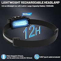 Vista 5 de Linterna frontal magnética recargable de alto lúmenes para camping, senderismo, espeleología, pesca, sensor de movimiento, impermeable, resistente a