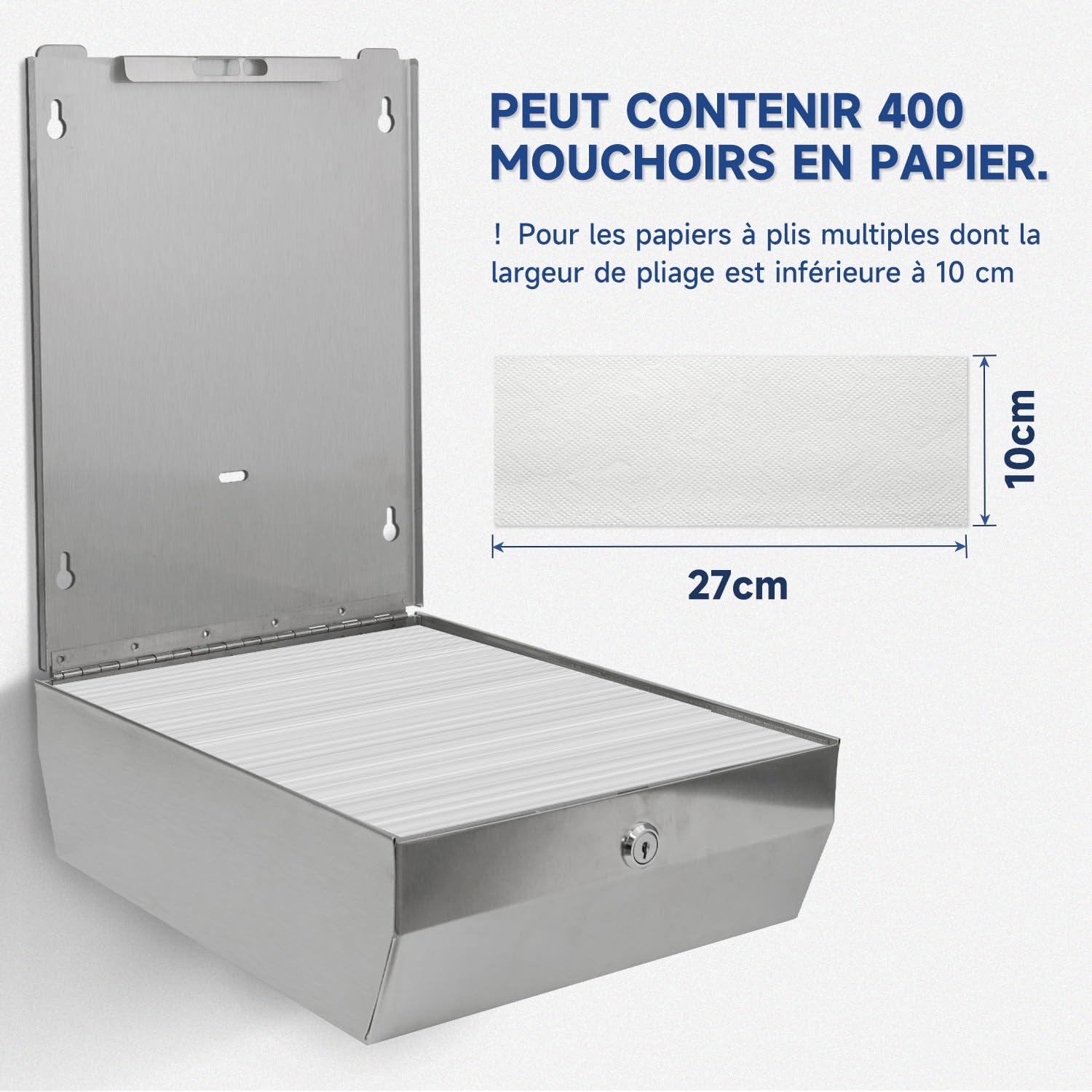 AIKE Distributeur d'essuie-Mains 400 Feuilles en Acier Inoxydable avec Serrure AK5181 (H2 & Z-Fold Papier plié 27 x 10 cm ou Plus Petit)