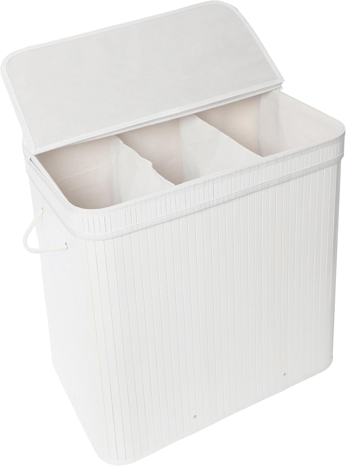 Relaxdays Bamboo Laundry Basket with Lid 150L 3 Compartments H 61.5 x W 61 x D 41.5 cm Bathroom Laundry Basket White