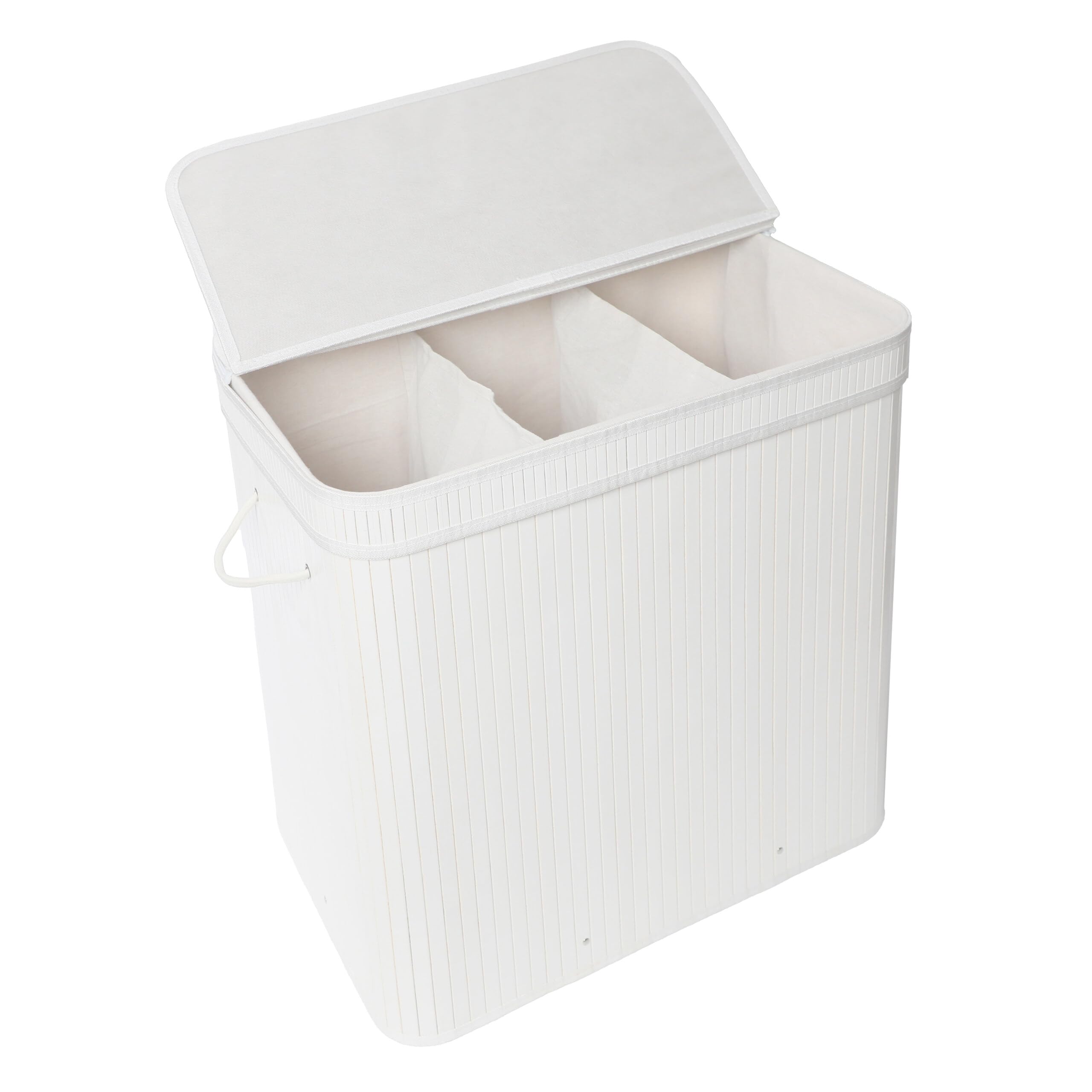 Relaxdays Laundry Hamper with Lid, Bamboo, 150 L, 3 Compartments, HxWxD: 61.5 x 61 x 41.5 cm, White