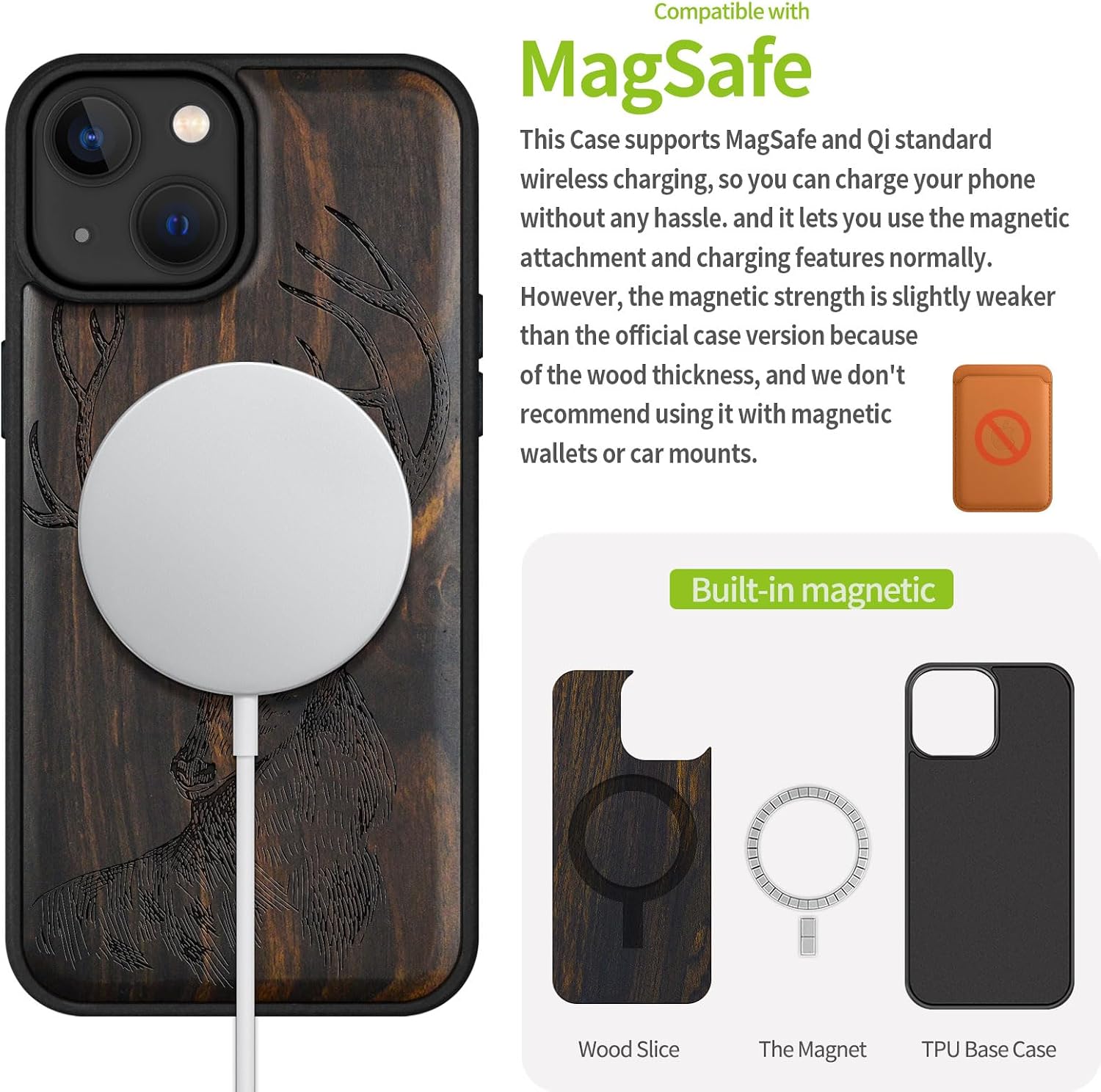 Carveit Magnetic Wooden Case for iPhone 15 Case, Compatible with MagSafe Wireless Chargers, Black Soft TPU Shockproof Cover & Wood Artisan Engraved (Deer Head) - Blackwood