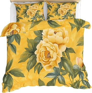 Peony Bedding Duvet Cover, Vintage Flowers Comforter Set with Zipper, Yellow Florals Duvet Cover Queen, 3 Pieces Bedding & Bedroom Decor, 2 Pillowcases