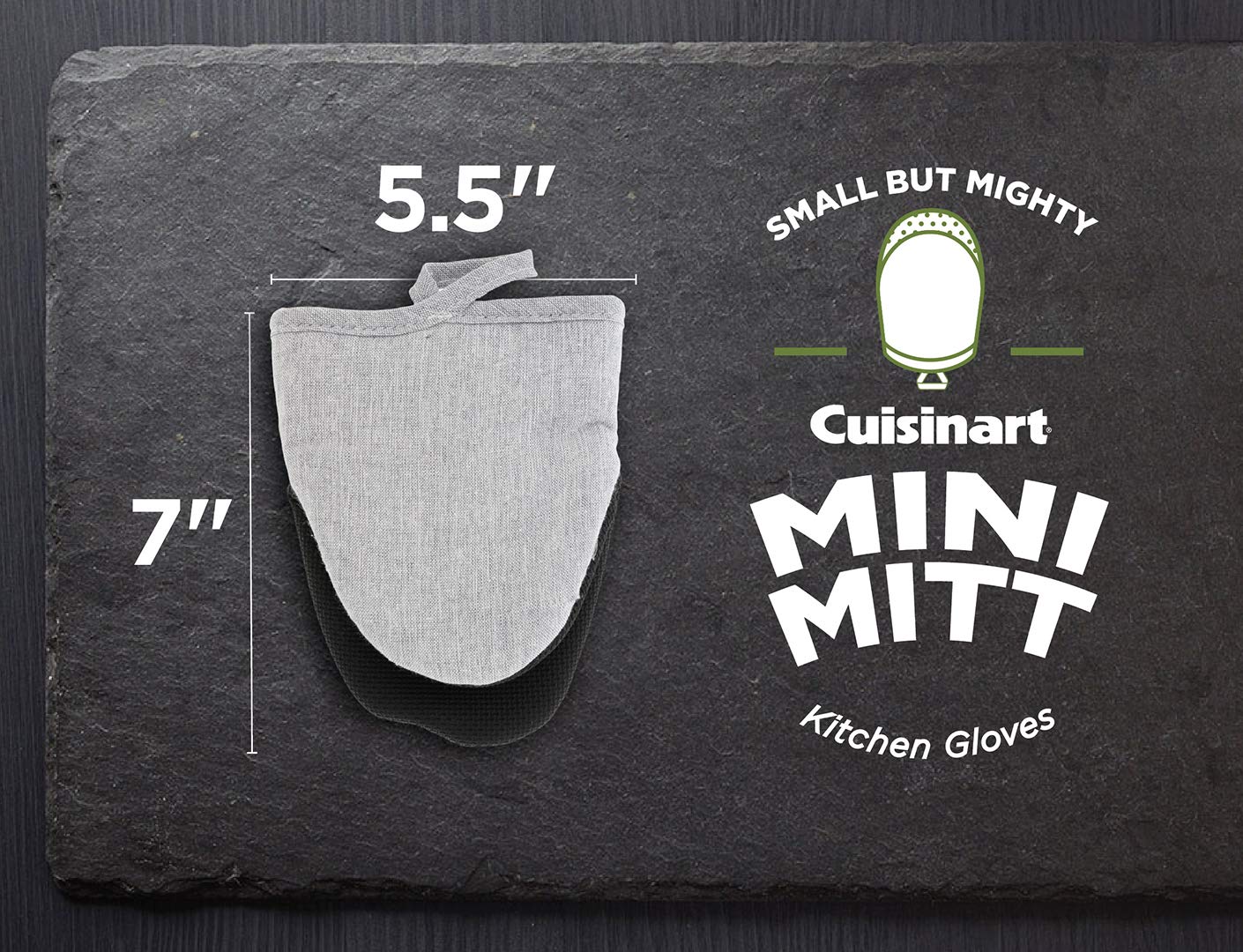Cuisinart Chambray Mini-Ofenhandschuhe aus Neopren, 2 Stück, hitzebeständig bis 200 °C, rutschfeste Mini-Fäustlinge mit isolierten Taschen und Aufhängeschlaufe, hellgrau