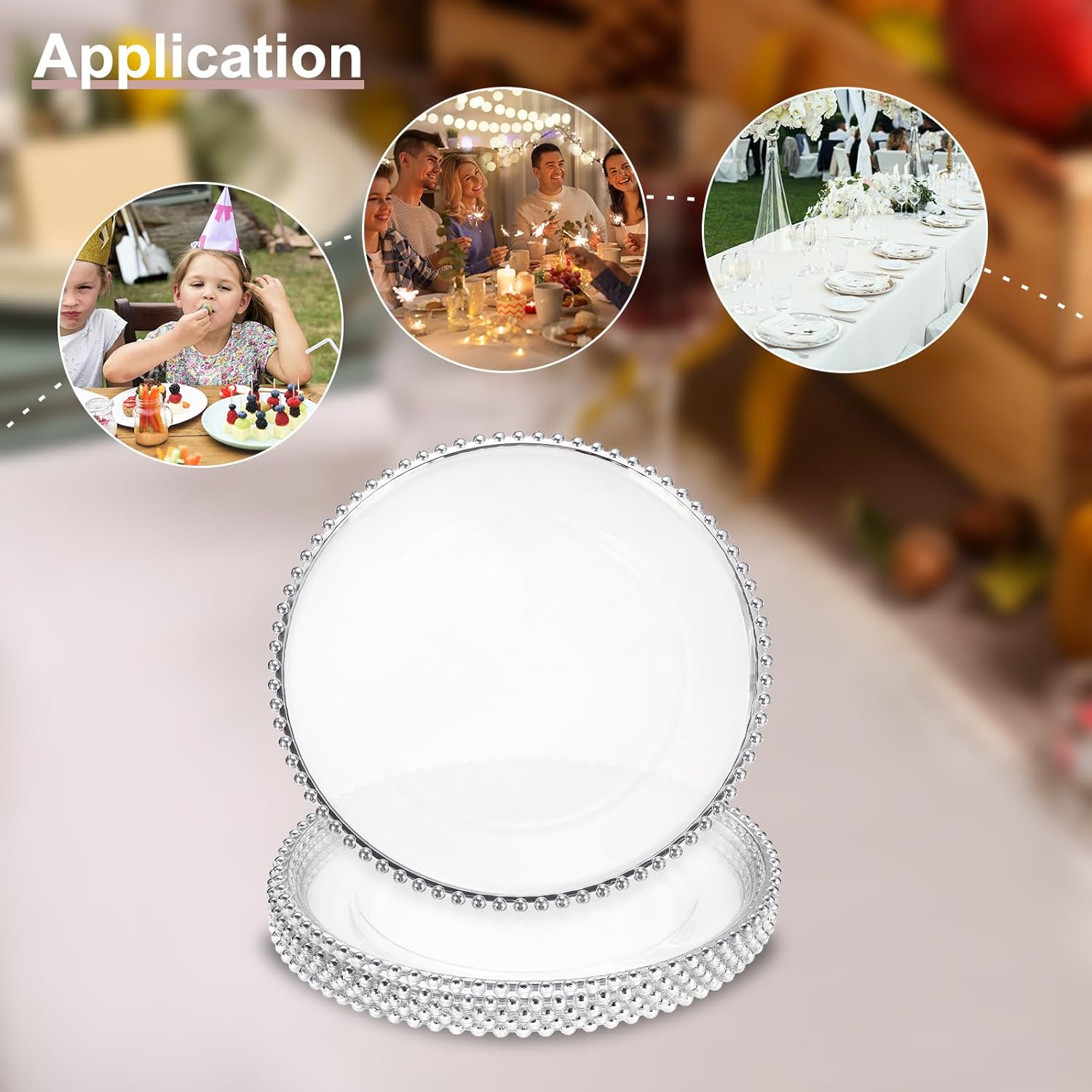 uxcell 6pcs Clear Charger Plates Bulk, 13" Plastic Round Charger Plates with Bead Trim Dinner Dessert Plate for Wedding Party Event Table Setting Decoration, Silver