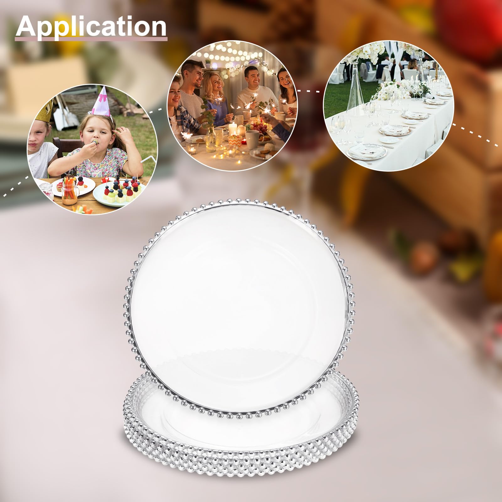 QUARKZMAN 6 plateaux de service transparents en gros, 13" plateaux ronds en plastique avec bordure perlée pour décoration de table de mariage, fête ou événement, argent