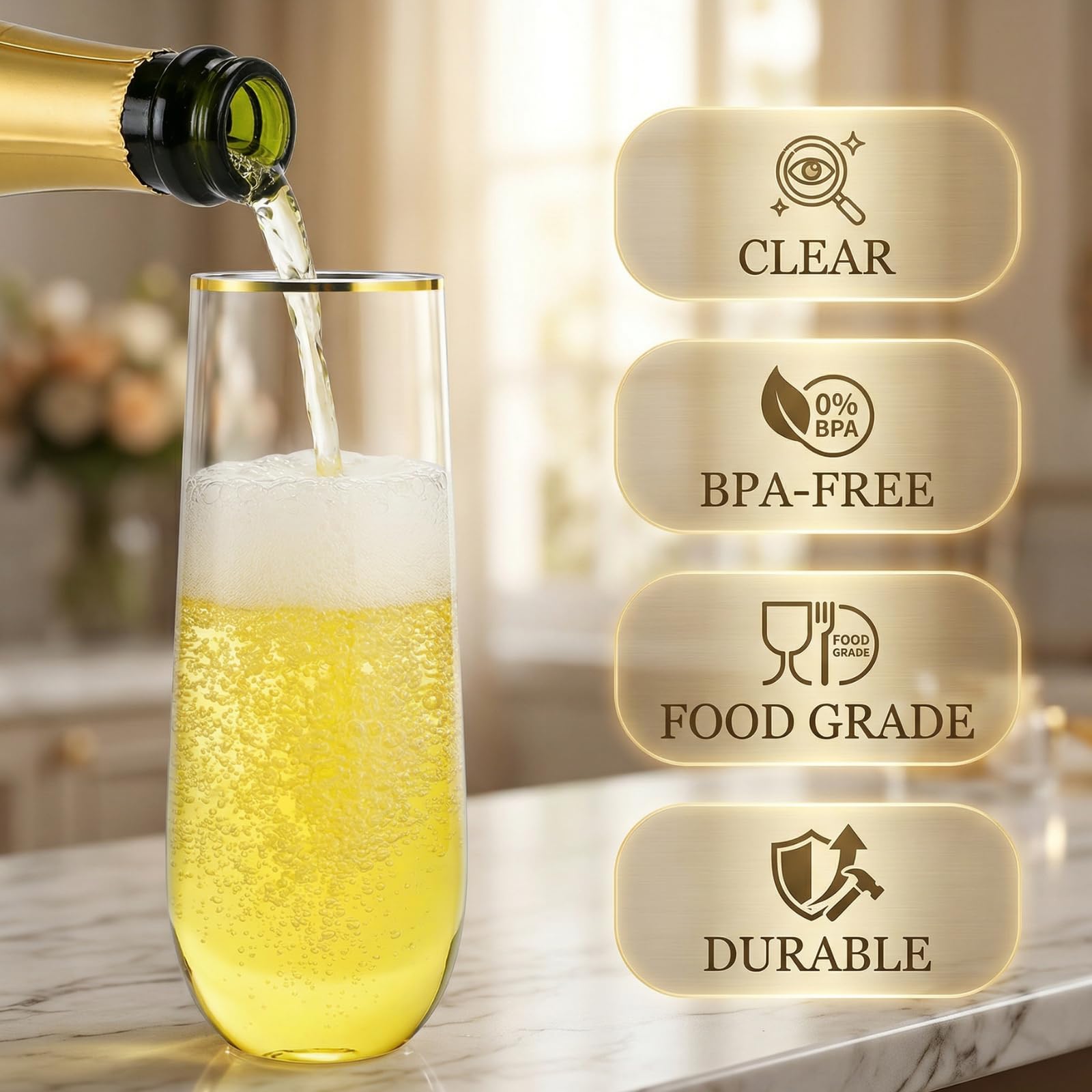 Hacaroa Paquete de 48 copas de champán de plástico sin tallo, 9 onzas, vasos de tostado transparentes de alta bola, vasos desechables de Mimosa para vino, cóctel, bar, inastillable, borde dorado