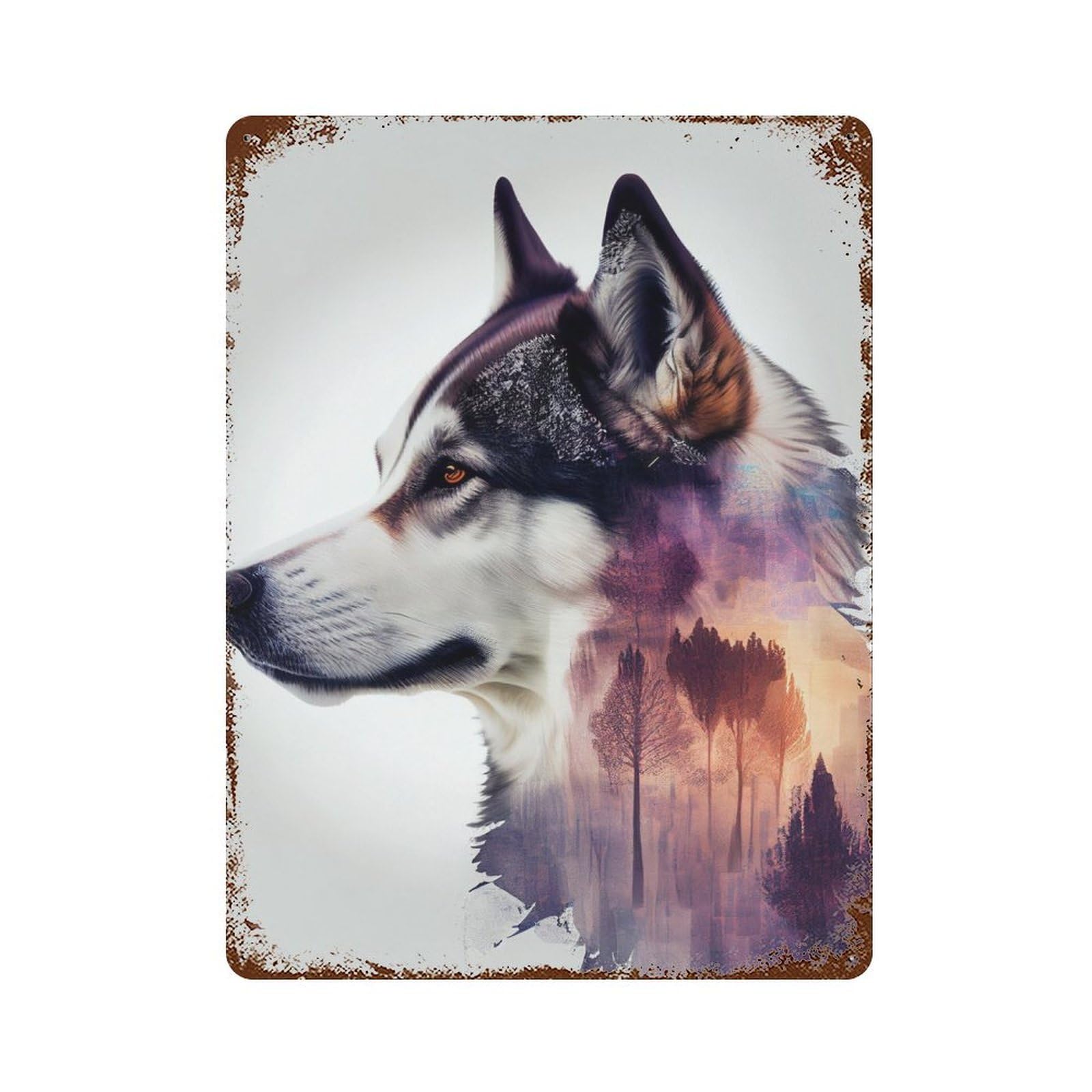 Husky Forest Dog Vintage Wall Sign 15.7"x11.8", Rust Effect Metal Decor for Living Room, Hallway And Home Decor