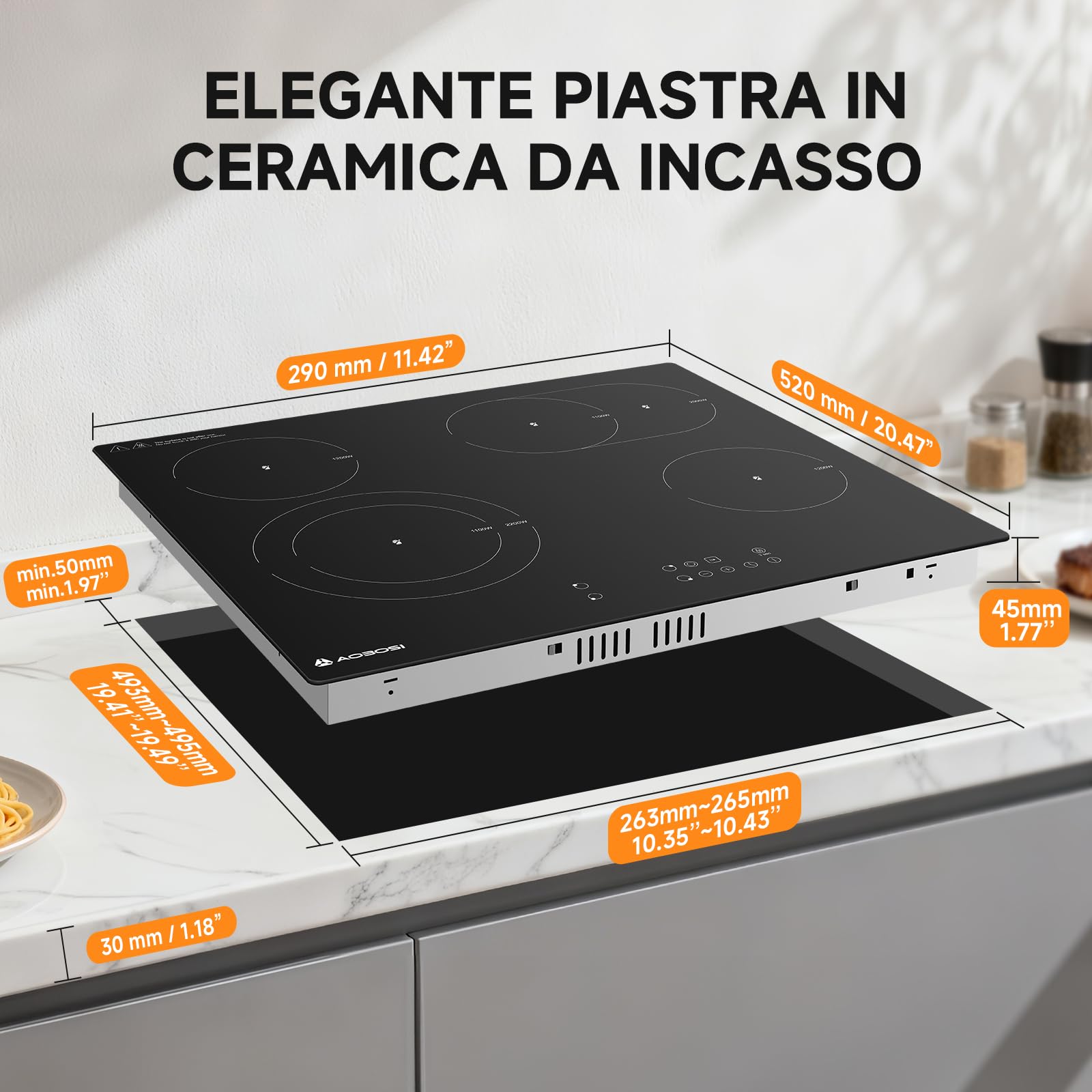 Aobosi Piano Cottura in Vetroceramica, Piano Vetroceramica 4 Fuochi con Controllo Touch Sensoriale, 9 Livelli di Potenza, Funzione Pausa,6600 W, Blocco di Sicurezza,Timer 99 Min