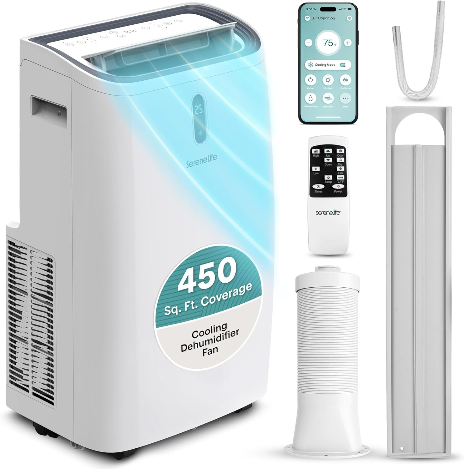 SereneLife Portable Air Conditioner 12000 BTU | Cools Rooms up to 450 sq ft | 3-in-1 Cooling, Fan & Dehumidifier | 24-Hour Timer & Remote | Standing Portable AC Unit with Window Kit Included