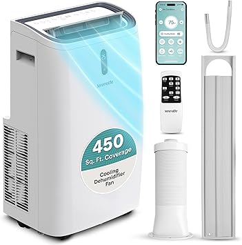 SereneLife Portable Air Conditioner 12000 BTU | Cools Rooms up to 450 sq ft | 3-in-1 Cooling, Fan & Dehumidifier | 24-Hour Timer & Remote | Standing Portable AC Unit with Window Kit Included