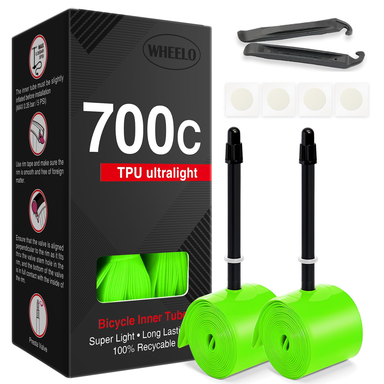 Tubo interior de TPU 700C × 18-32C para bicicleta: tubo ligero para bicicleta de carretera con válvulas Presta de 45 mm/65 mm/85 mm (incluye kit de reparación de parches de tubo de bicicleta)