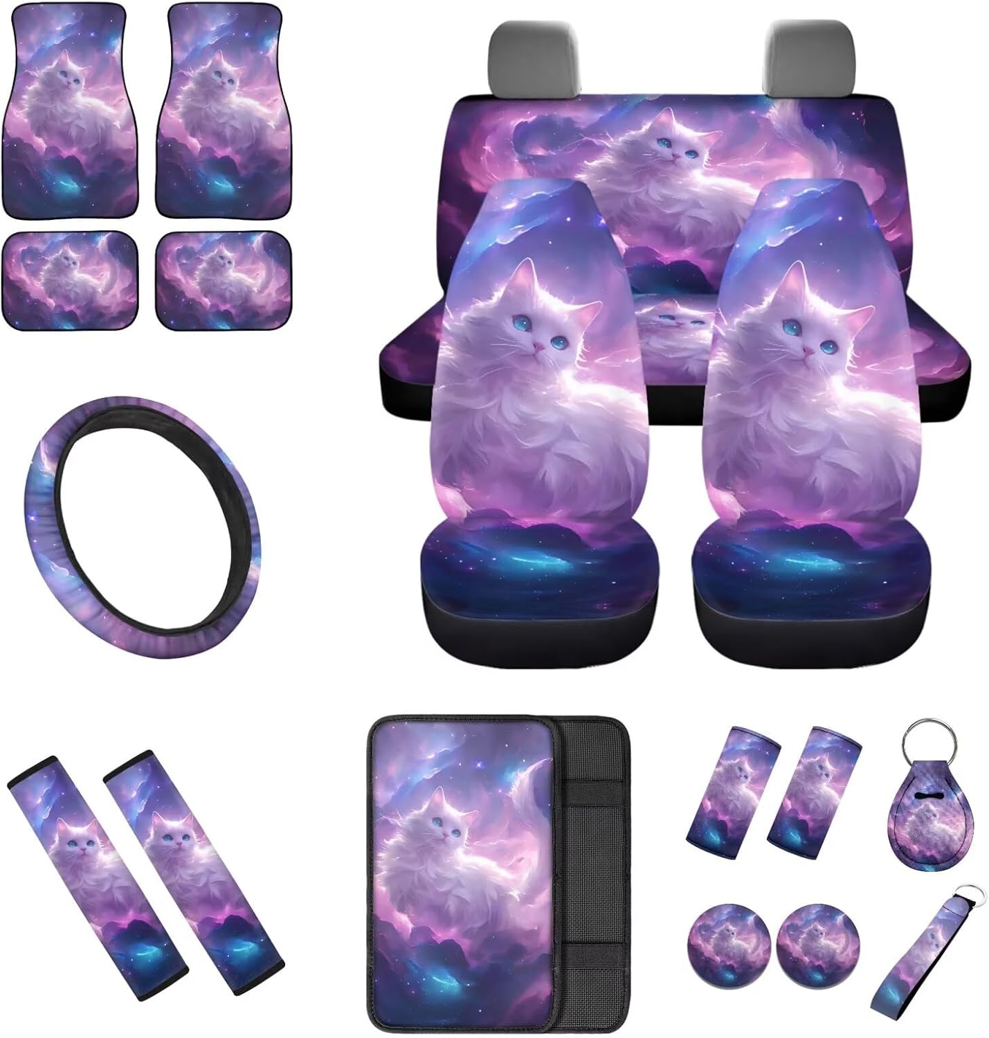 Black Cat Butterfly Car Seat Cover Full Set with Steering Wheel Cover Floor Mats Armrest Pad Seat Belt Pads Roof Handle Wraps Cup Coaster Keychain Auto Accessories Set of 18