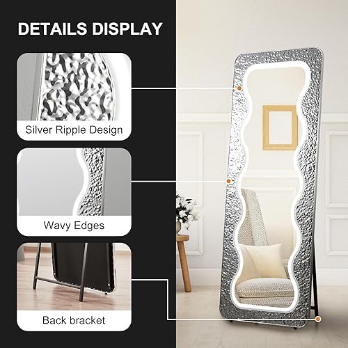 Miniatura 6 de Espejo LED ondulado de longitud completa de 63 x 24 pulgadas, espejo de cuerpo completo irregular, espejo de piso arqueado ondulado, espejo de pared