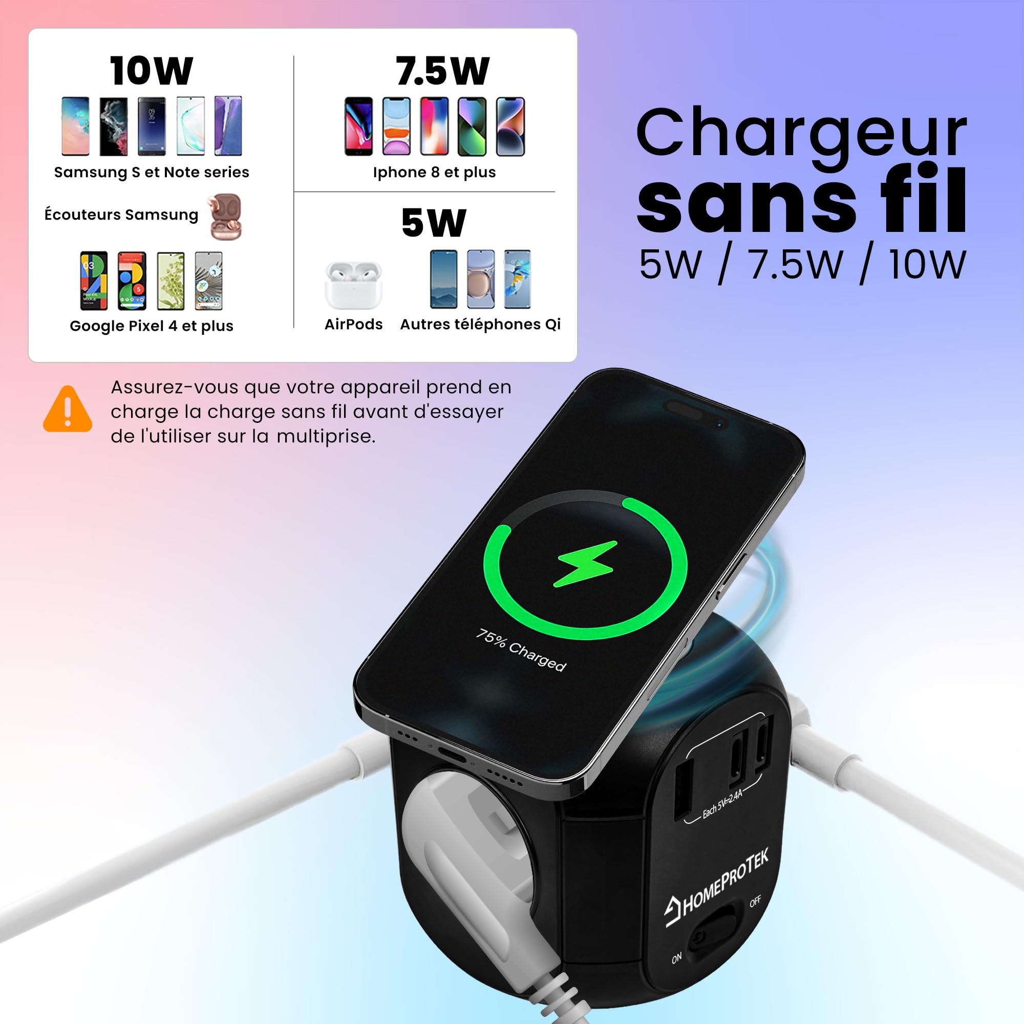 HomeProtek Multiprise Cube 3 Prises, USB-A, 2 USB-C, Noir | Chargeur sans fil et interrupteur; rallonge multiprise pour maison ou bureau