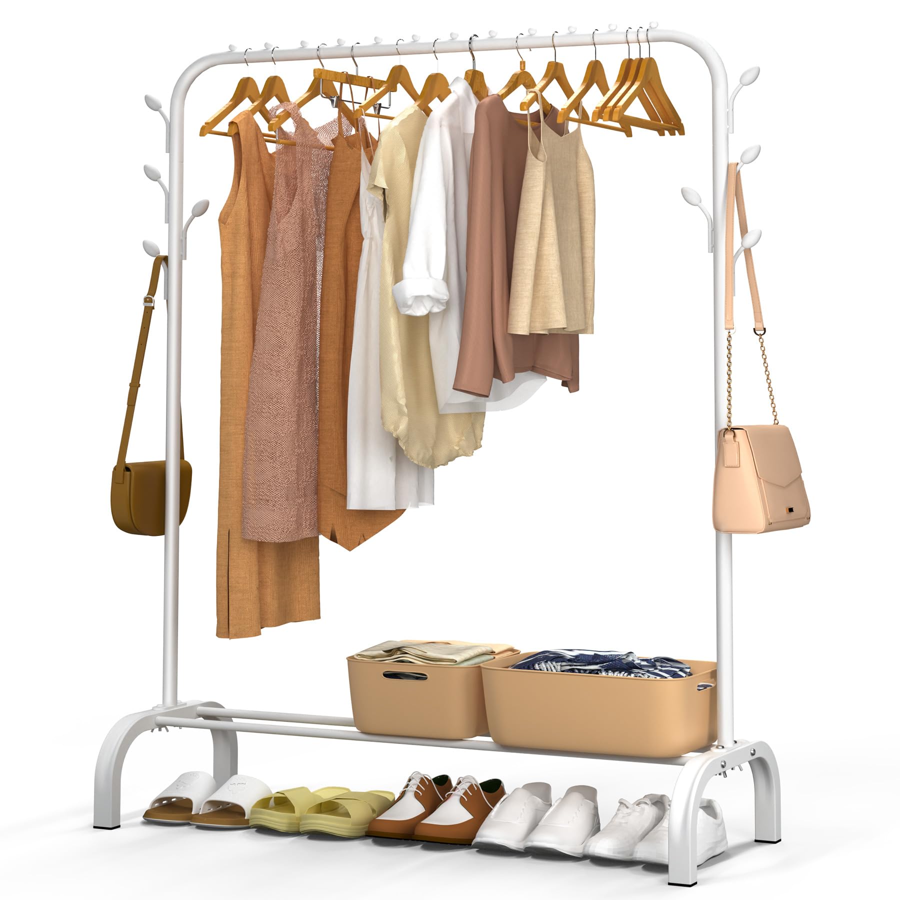 VOUNOT® Clothes Rail with Shoe Shelves and 8 Side Hooks, Metal Open Wardrobe, Heavy Duty Clothing Rack for Bedroom, Dressing Room, and Hallway, 110x41x150cm, White