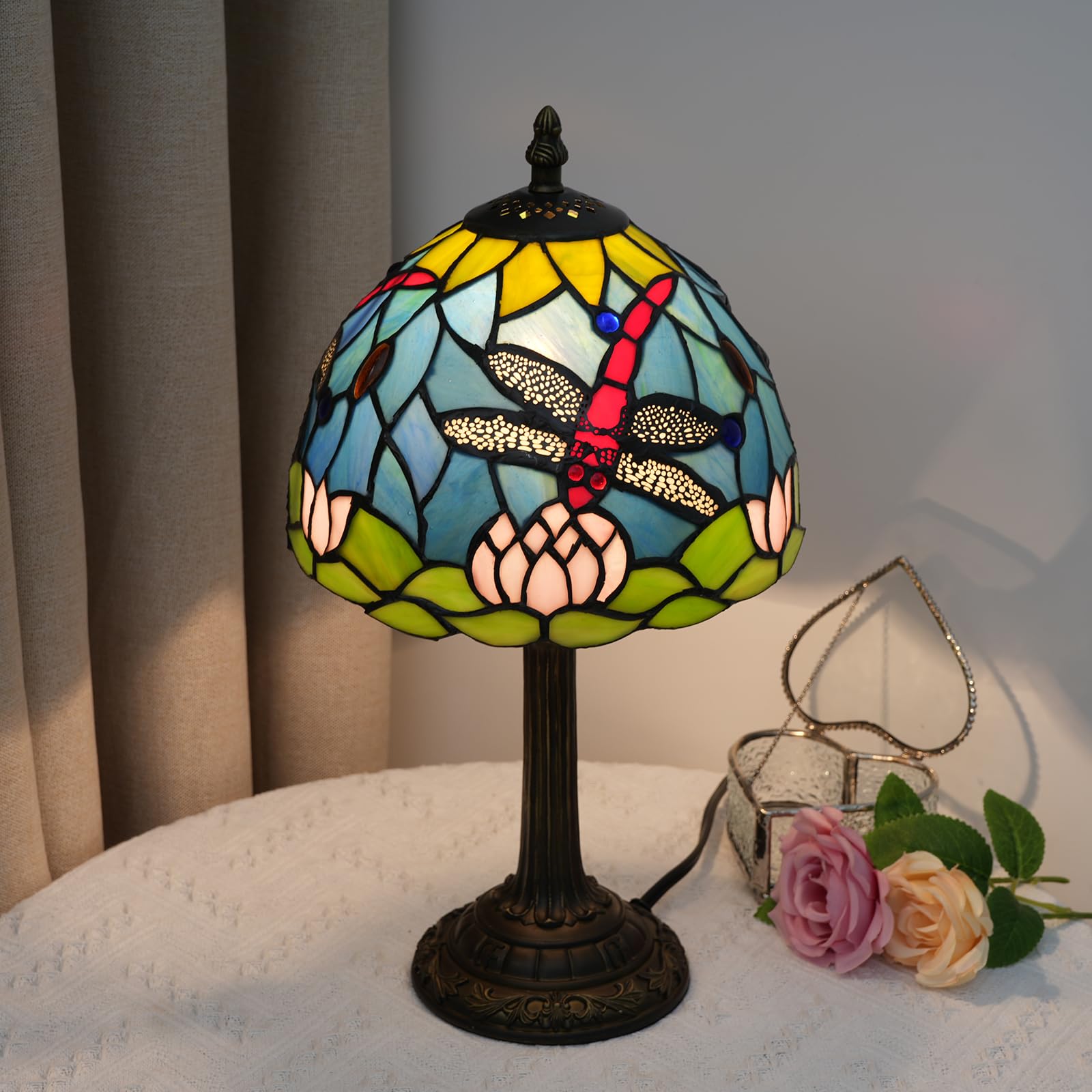 Lampada Tiffany di Vetro Colorato Fiore di Loto Dragonfly - Lampada da Tavolo per Soggiorno e Camera da Letto - Comodino Blu Piccolo - Luce Notturna Carina per Bambini