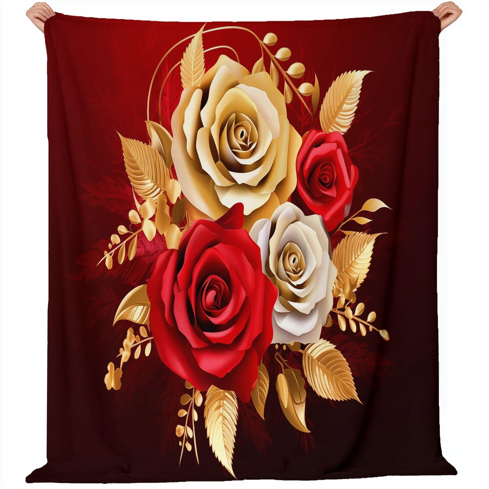 Genérico Manta de Franela Suave - Manta Sherpa con Estampado de Elegante Lujoso Pétalos Metálicos para Niños Niños Adultos, Rojo Cálida Frazada de Otoño para Cama sofá y Viaje 150 x 200 cm