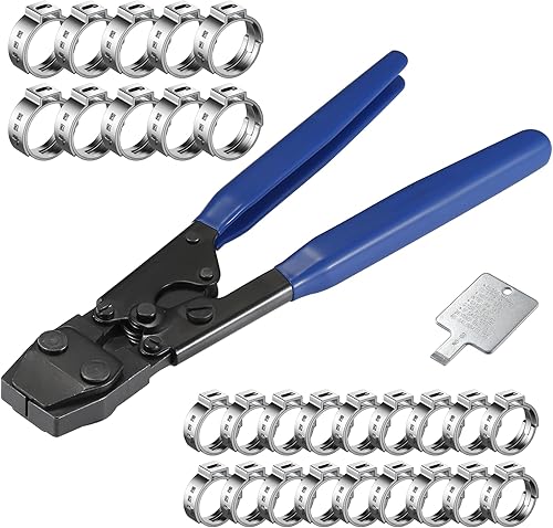 Herramienta de abrazadera de cincha PEX para abrazaderas de acero inoxidable de 38" a 1", con 20 piezas de anillos de abrazadera de cincha PEX de