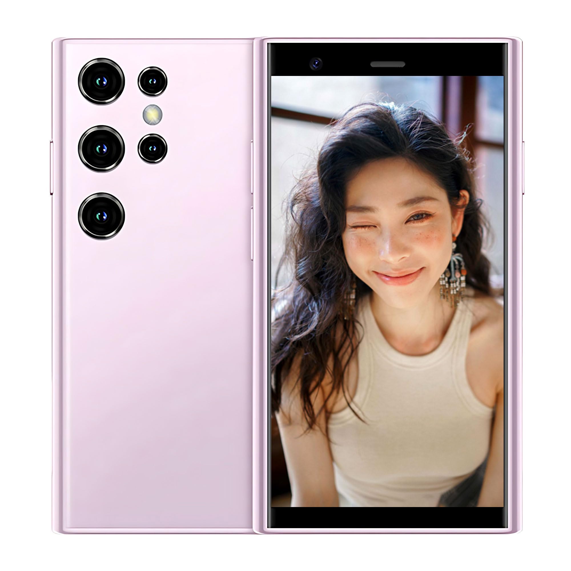 Hipipooo Mini Smartphone S23Pro, front and back view, in pink color.