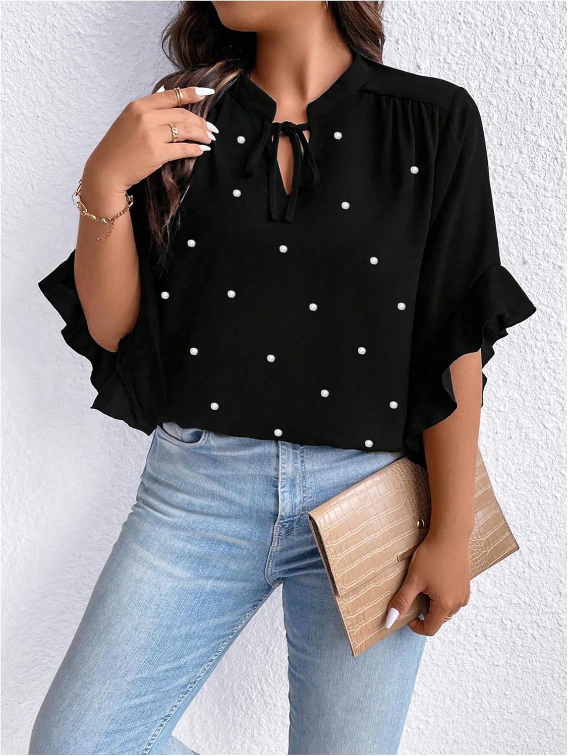 Floerns Women's Plus Size Pearl Beaded Tops Elegant Tie Neck Flounce Sleeve Dressy Casual Blouses - Image 2